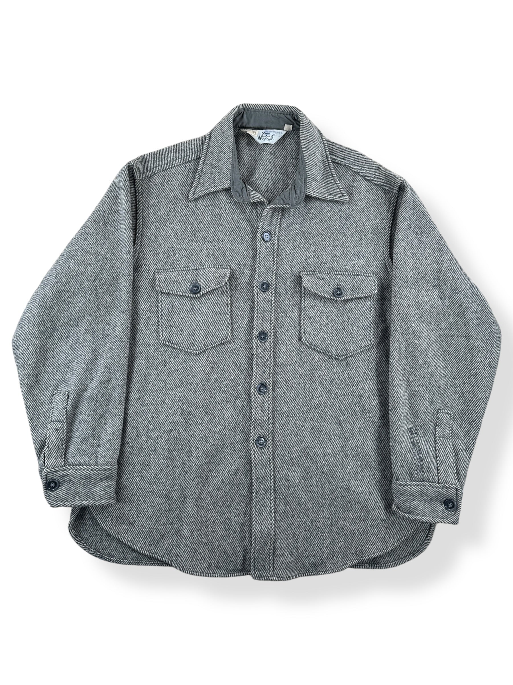 Front of Vintage Woolrich Grey Herringbone Wool Blend Shirt Jac SZ XL