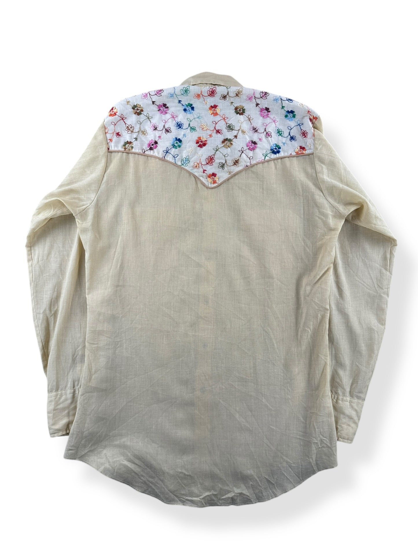 Back of Vintage H Bar C Floral Embroidered Pearl Snap Shirt SZ M