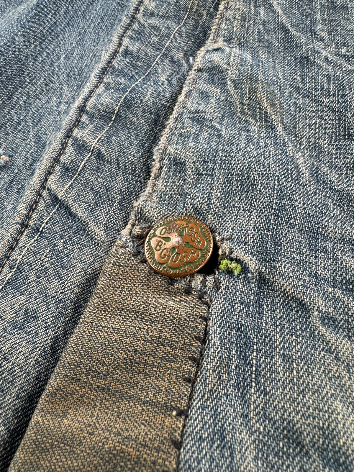 Buttons and repairs on Vintage 1940s Oshkosh Chore Coat SZ XL