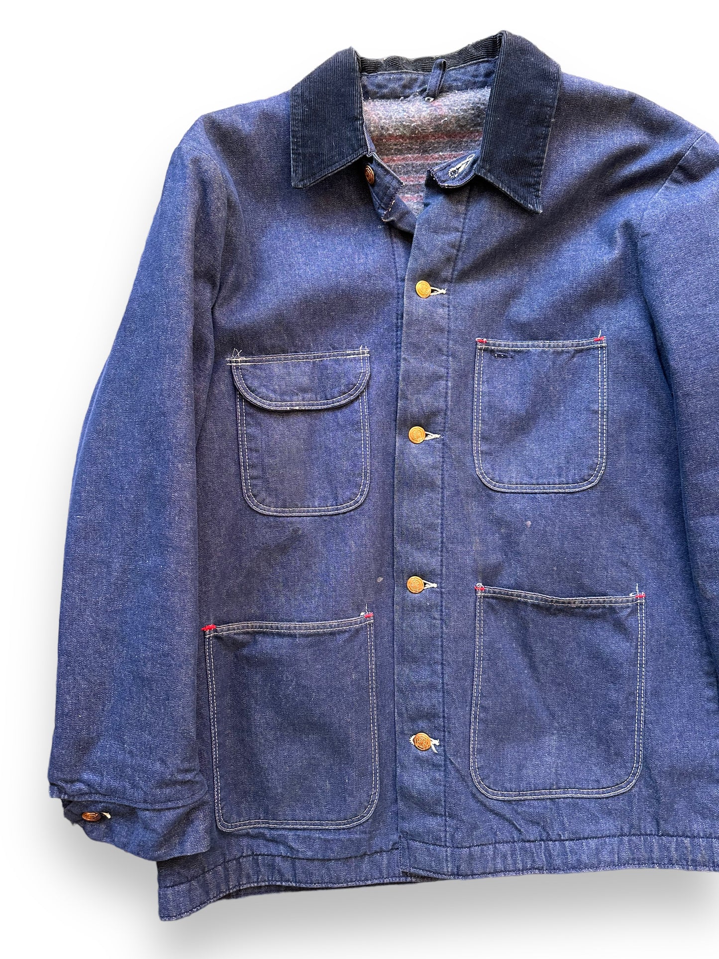 Front Right View on Vintage Blanket Lined Denim Chore Coat SZ L | Vintage Denim Chore Coat | Barn Owl Vintage Seattle