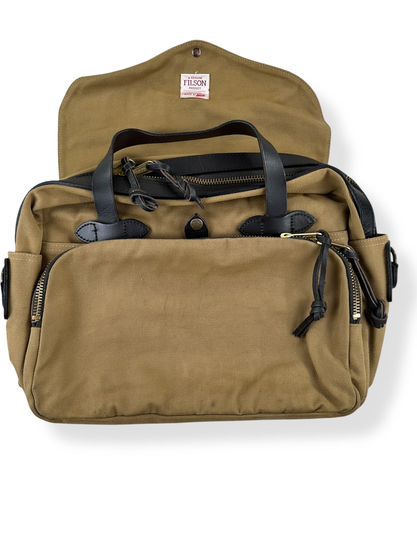 Front View with open flap on Filson Padded Computer Bag Style 258