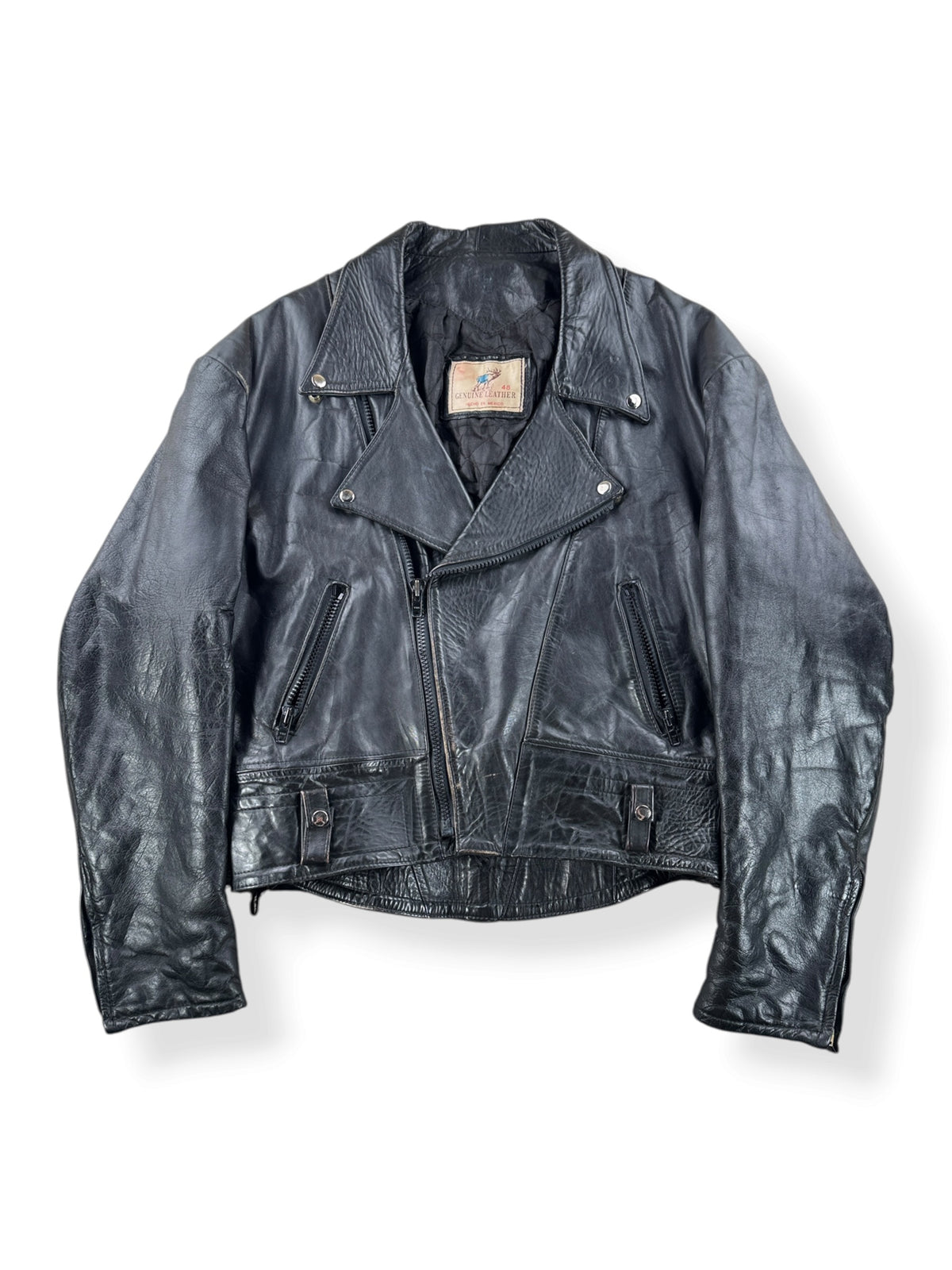 Front of Vintage Made in Mexico Leather Biker Jacket SZ 48