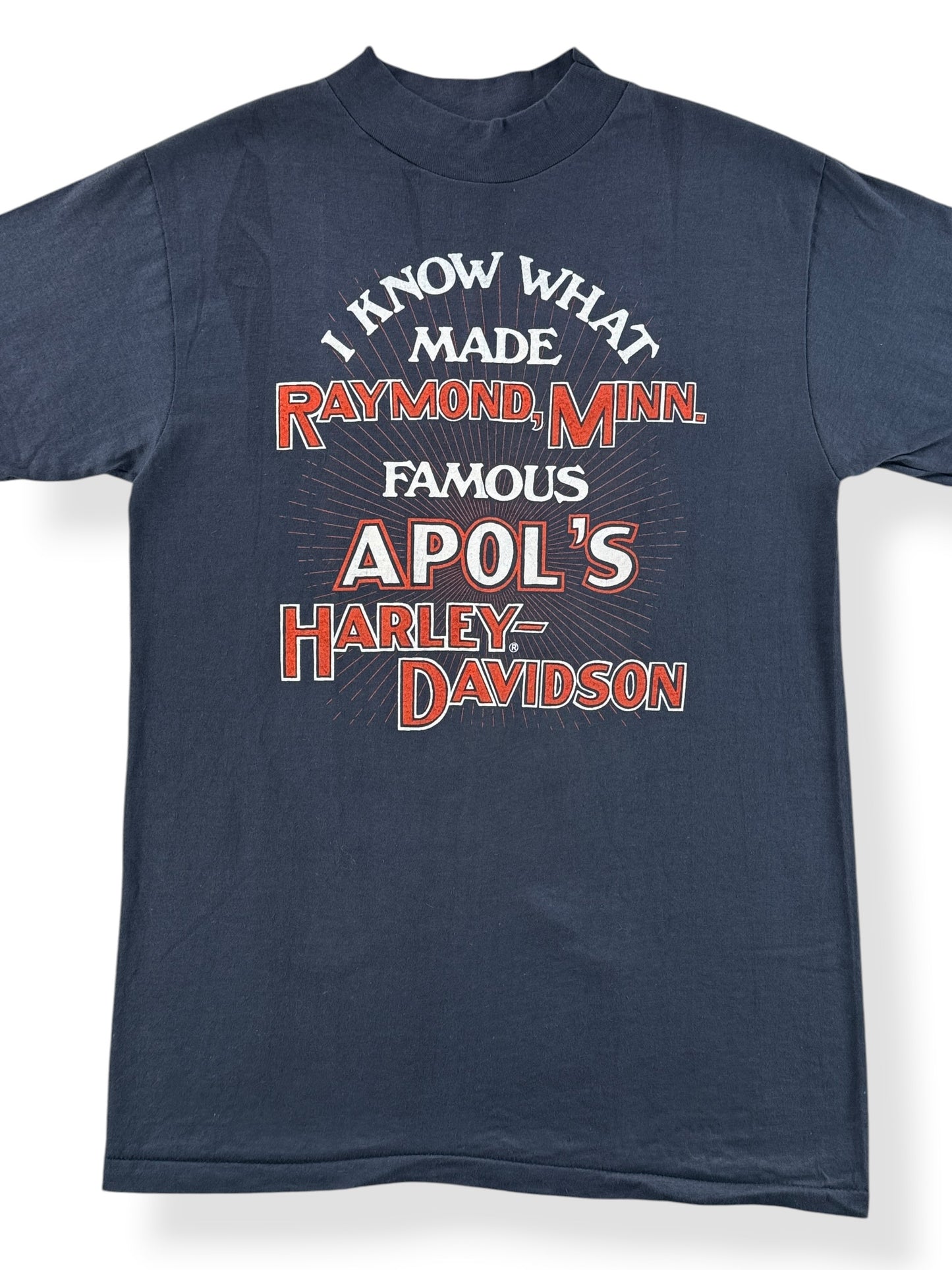 Front Close Up of Vintage Apol's Harley Davidson Raymond MN Tee SZ M (Fits S)