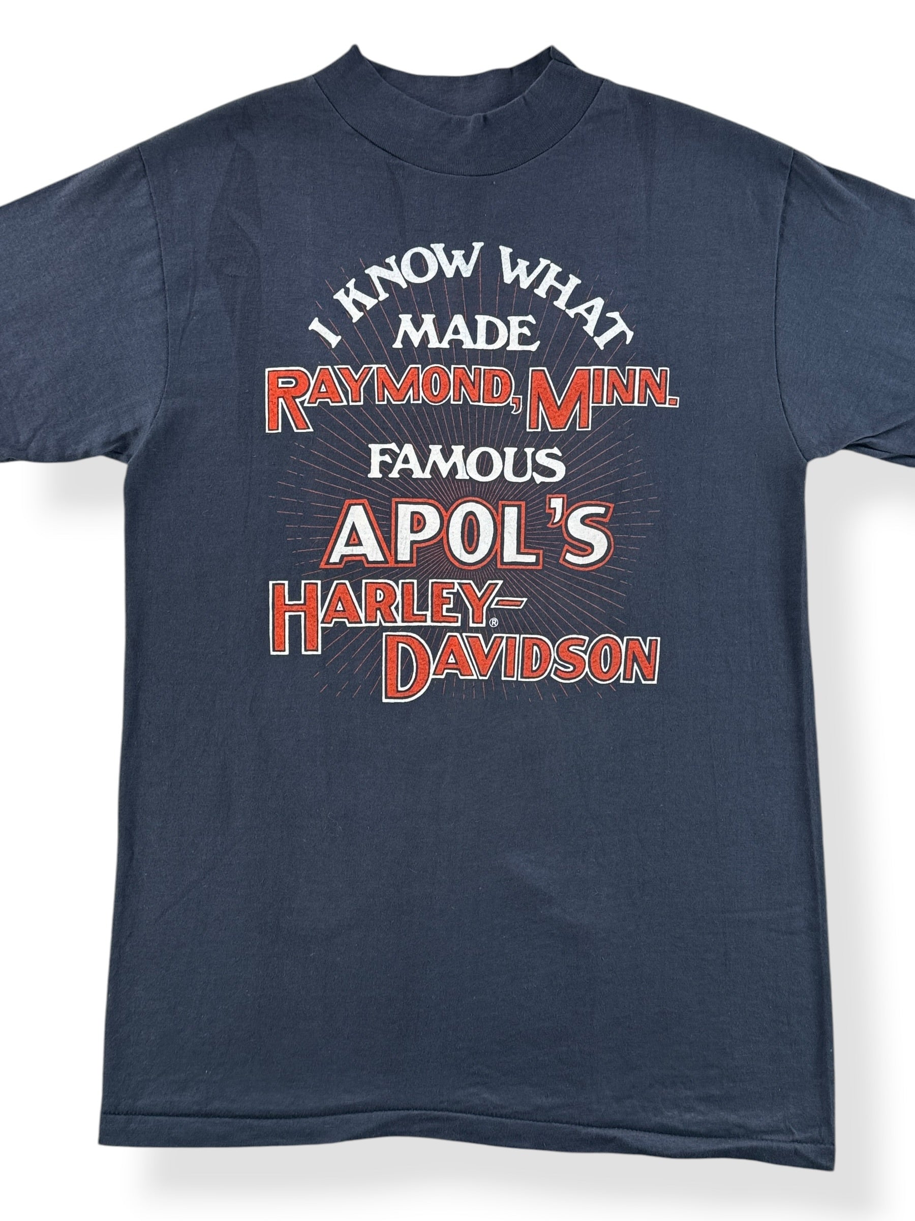 Front Close Up of Vintage Apol's Harley Davidson Raymond MN Tee SZ M (Fits S)