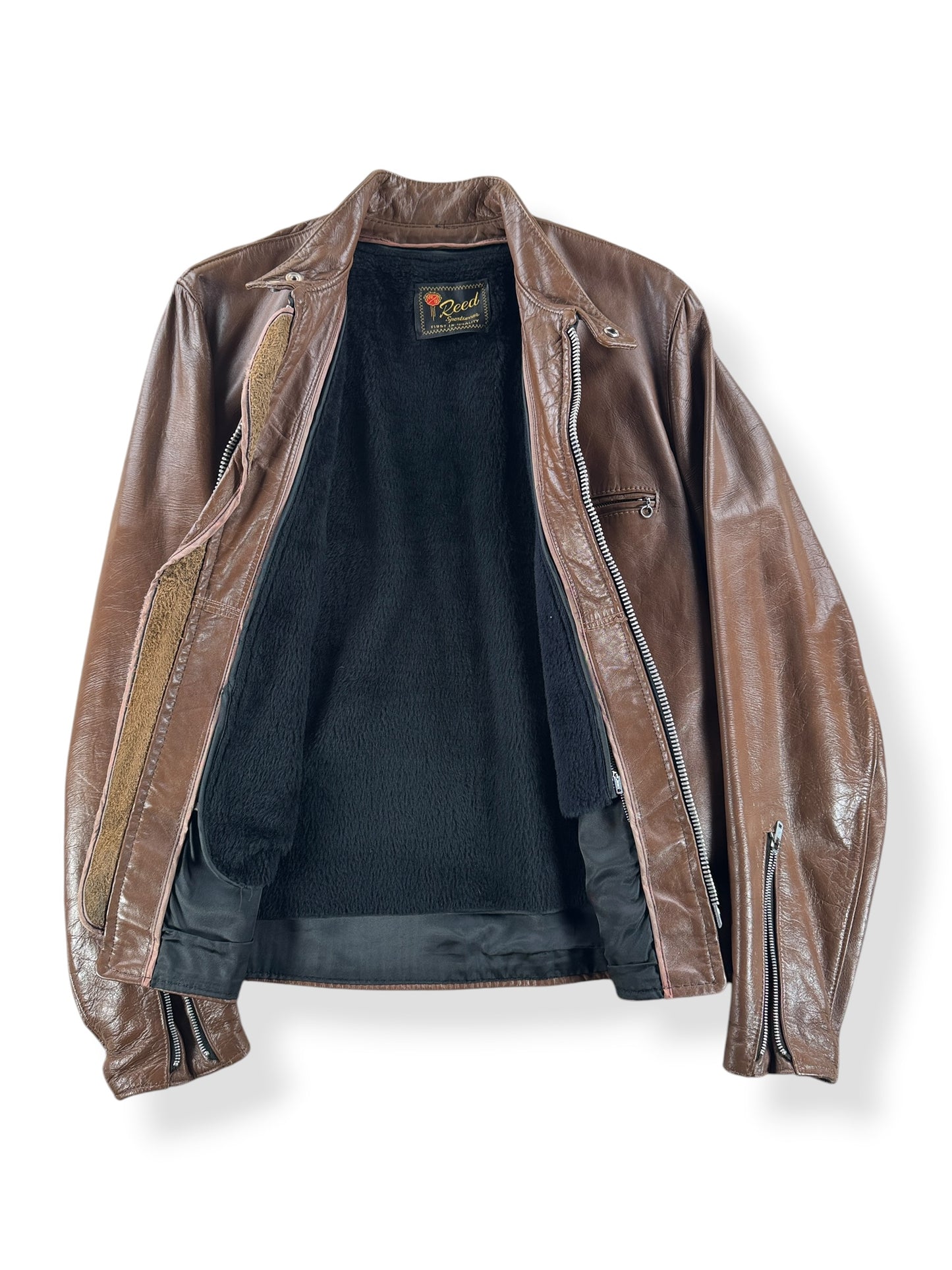 Inside of Vintage Reed Sportswear Brown Leather Moto Jacket SZ M/L