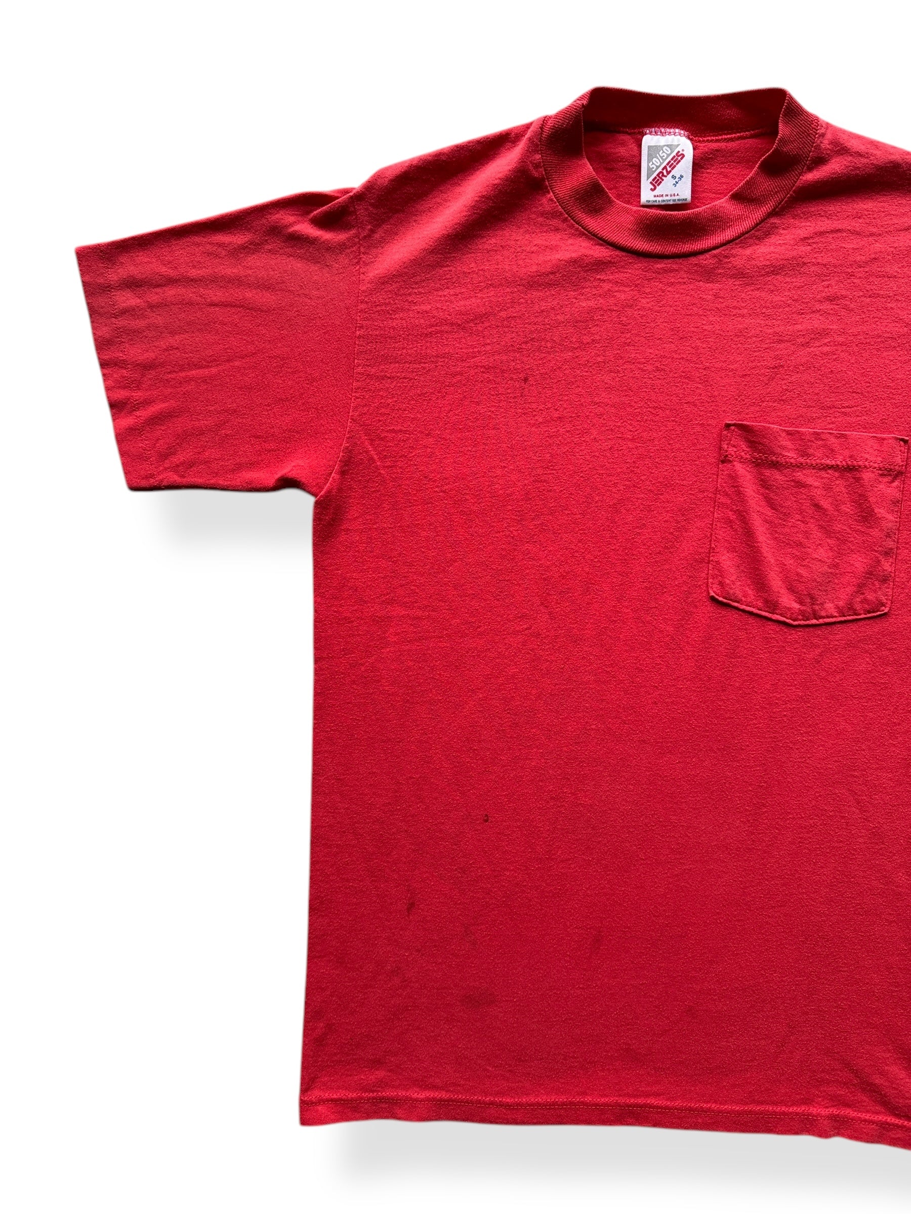 Front RIght of Vintage Jerzees Red Pocket Tee SZ S