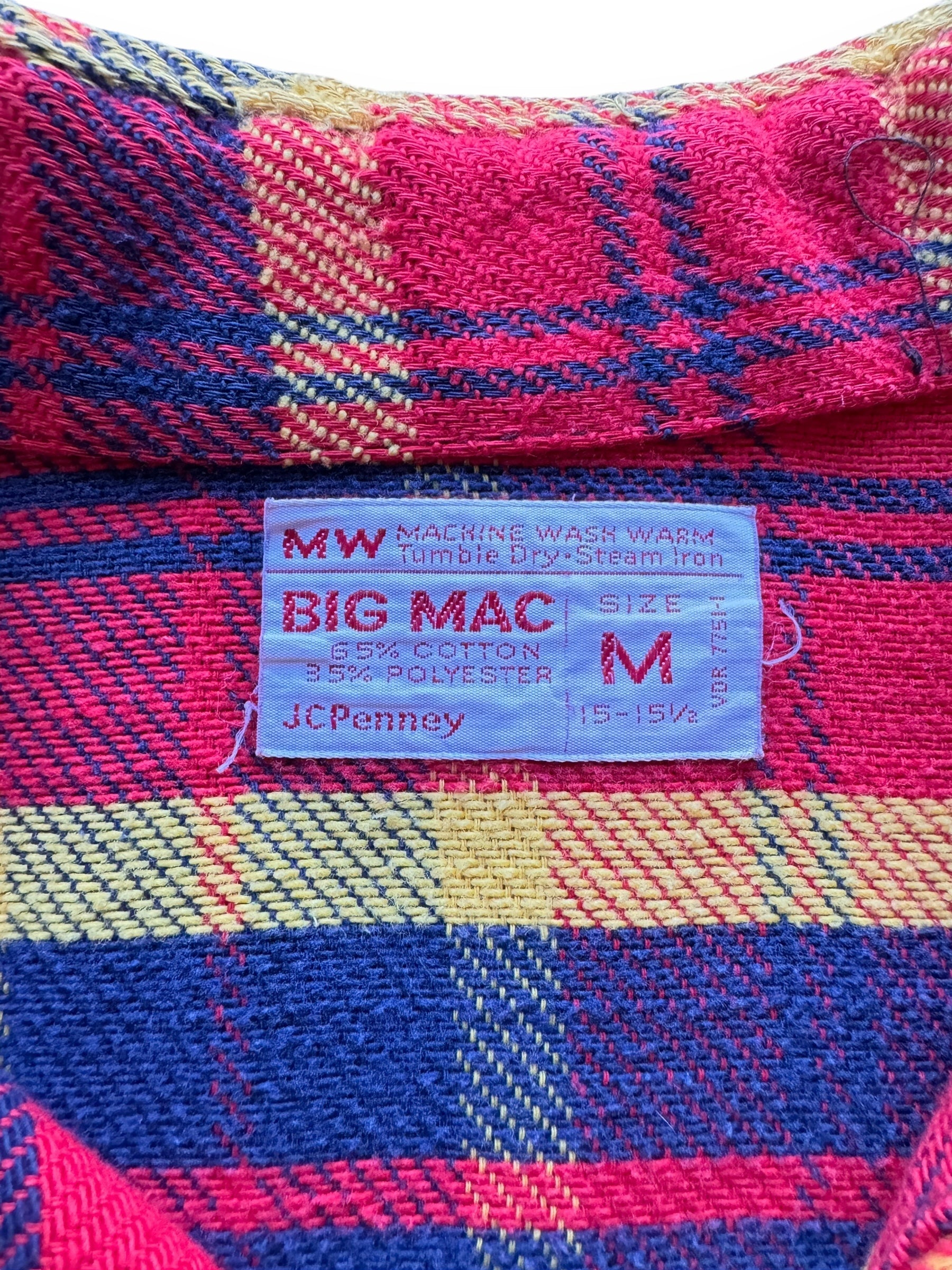 tag on Vintage Big Mac Red/Yellow/Blue Cotton Flannel SZ M