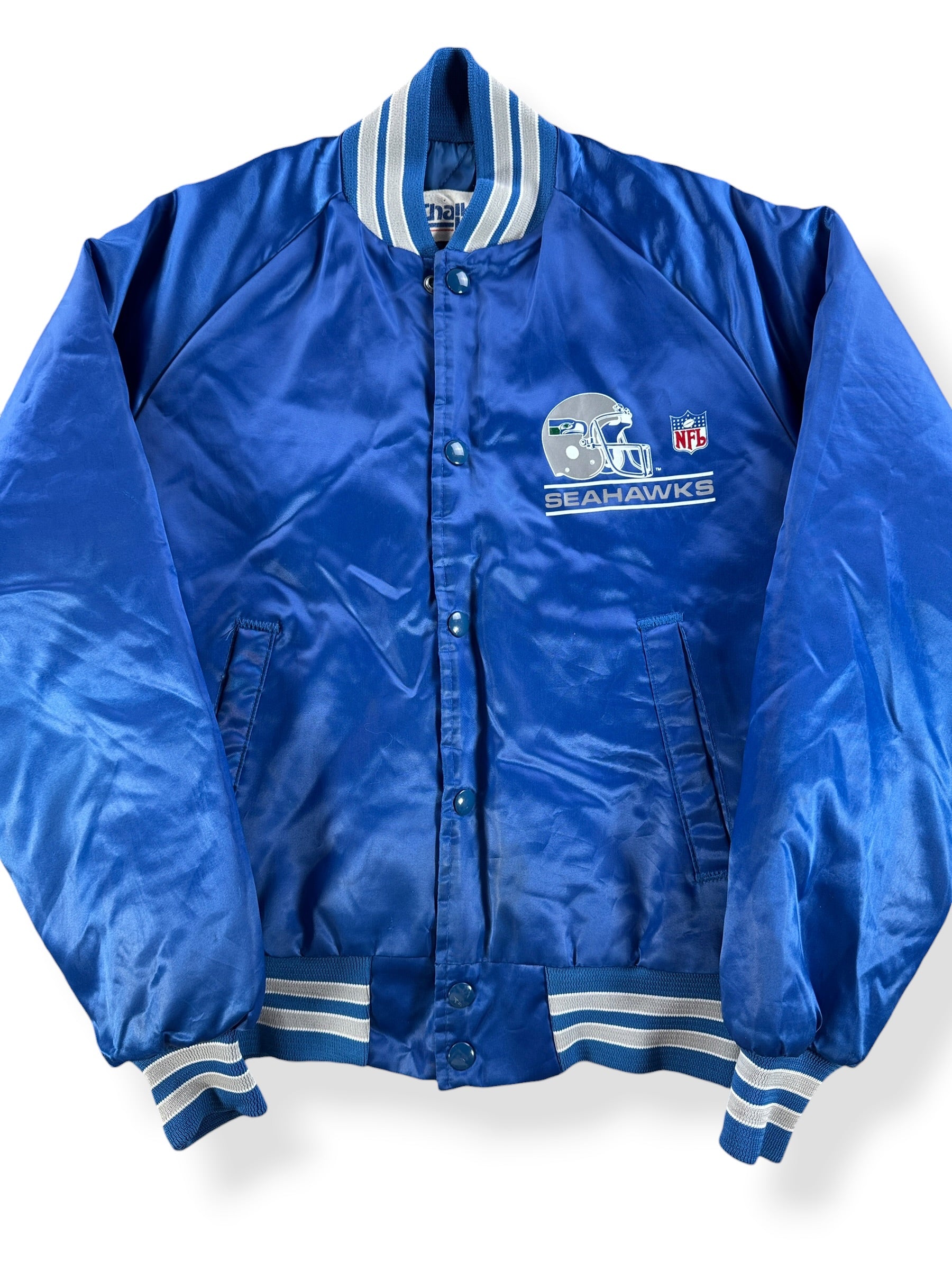 Front Close Up of Vintage Chalk Line Youth Seahawks Satin Jacket SZ 14/15 (Fits S)