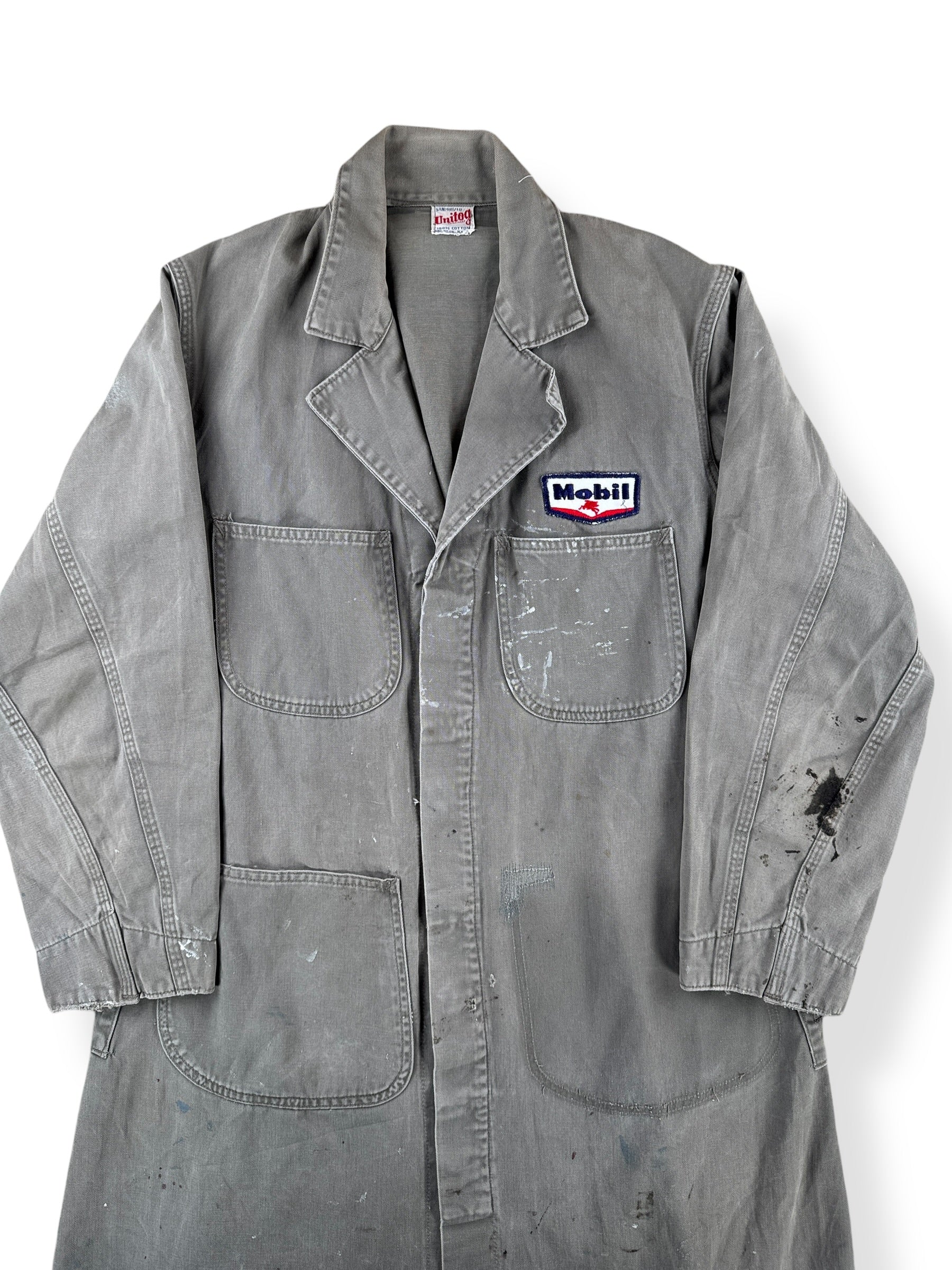 Front Close Up of Vintage Unitog Grey Repaired Shop Coat SZ M