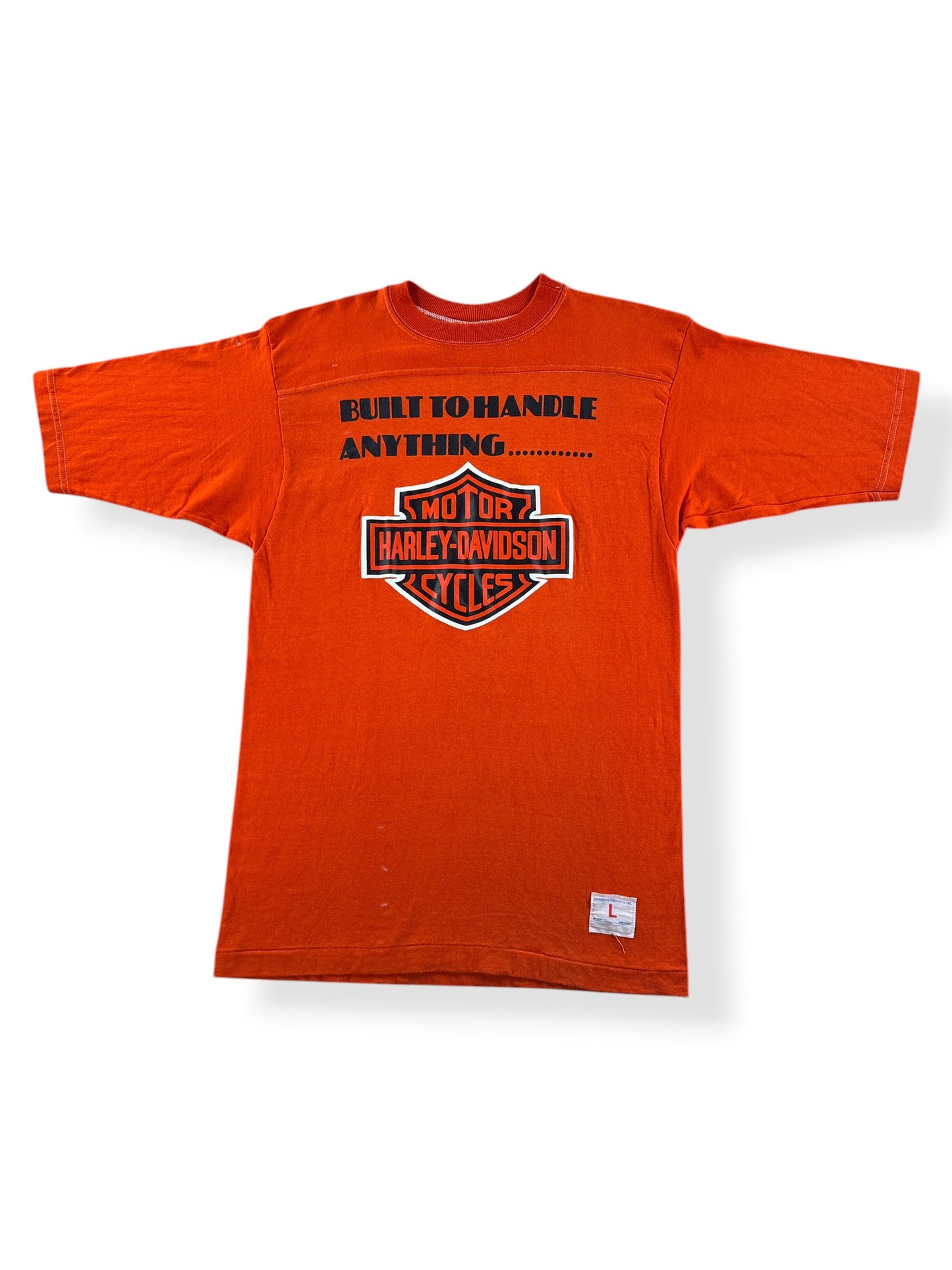 Front of Vintage Orange Champion Blue Bar Built to Handle Anything Harley Tee SZ L (Fits M)
