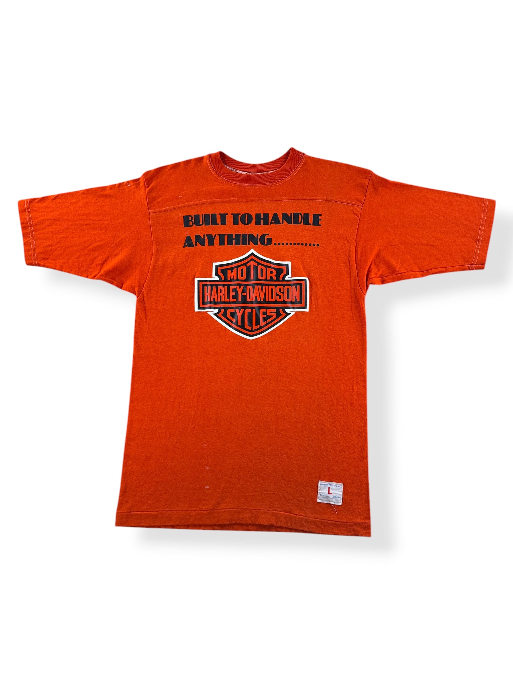 Front of Vintage Orange Champion Blue Bar Built to Handle Anything Harley Tee SZ L (Fits M)