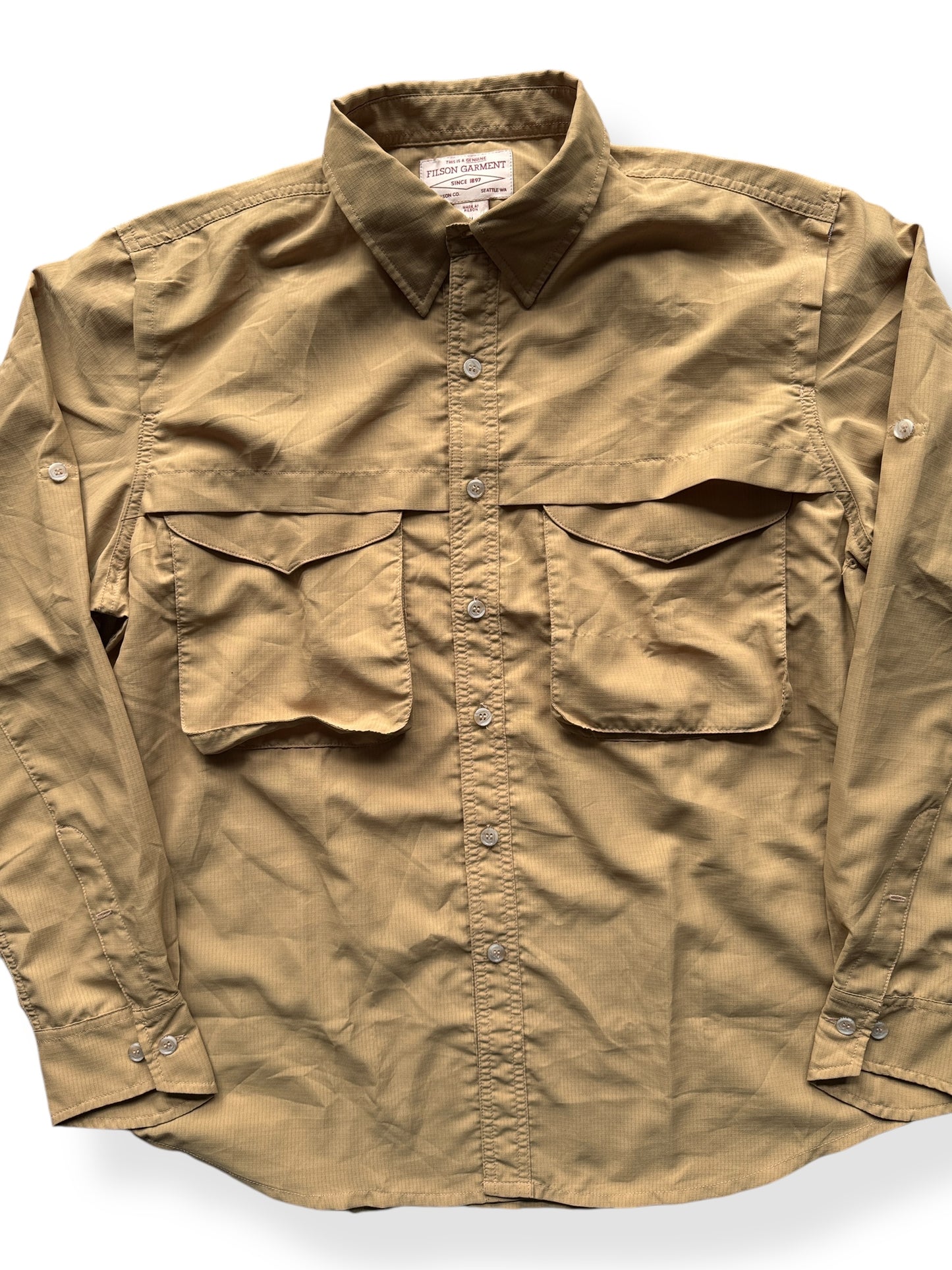 Front Close Up of Filson Yellow Angler Shirt SZ M