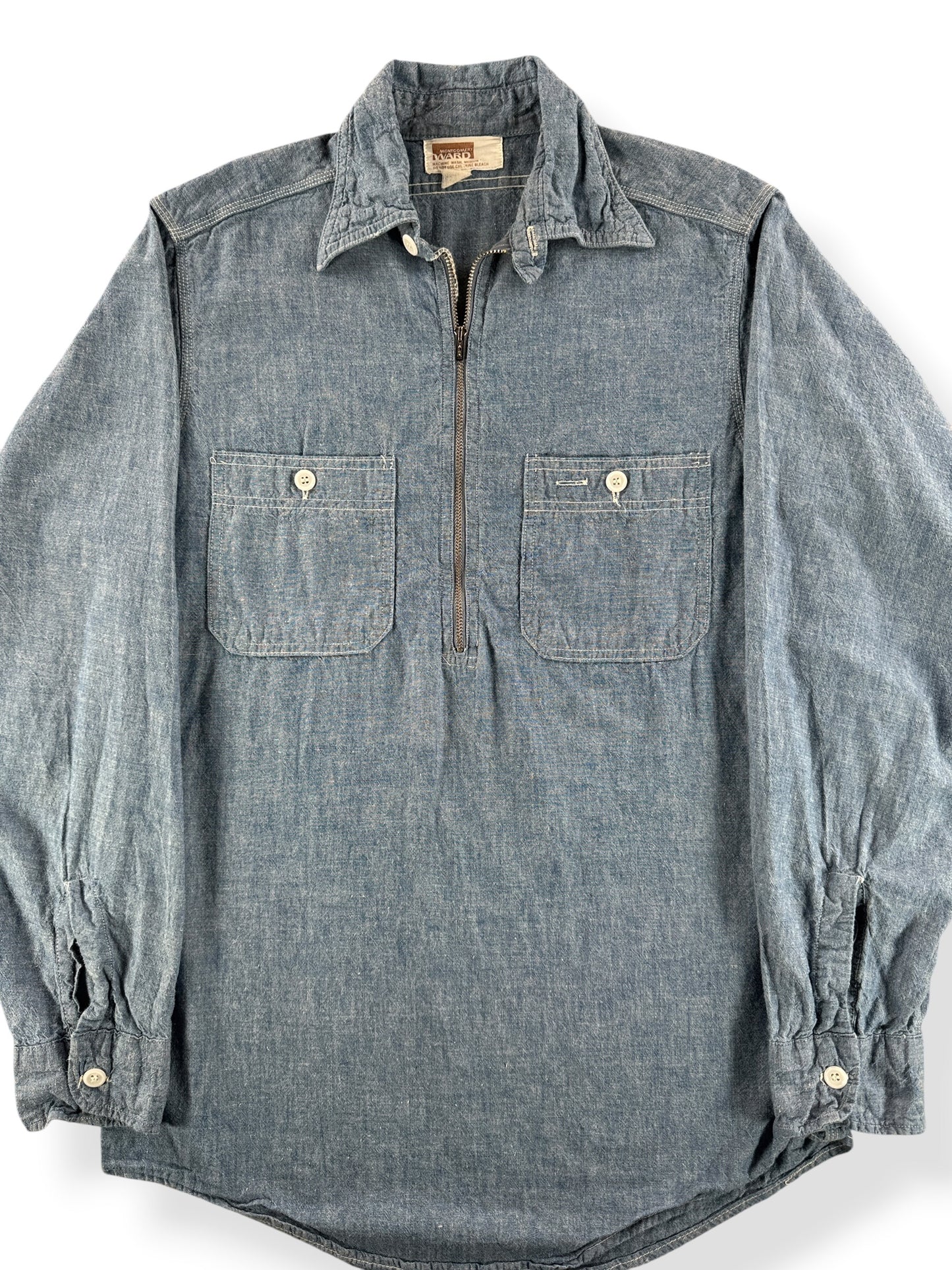 Front Close Up of Vintage Montgomery Ward Quarter Zip Chambray SZ S