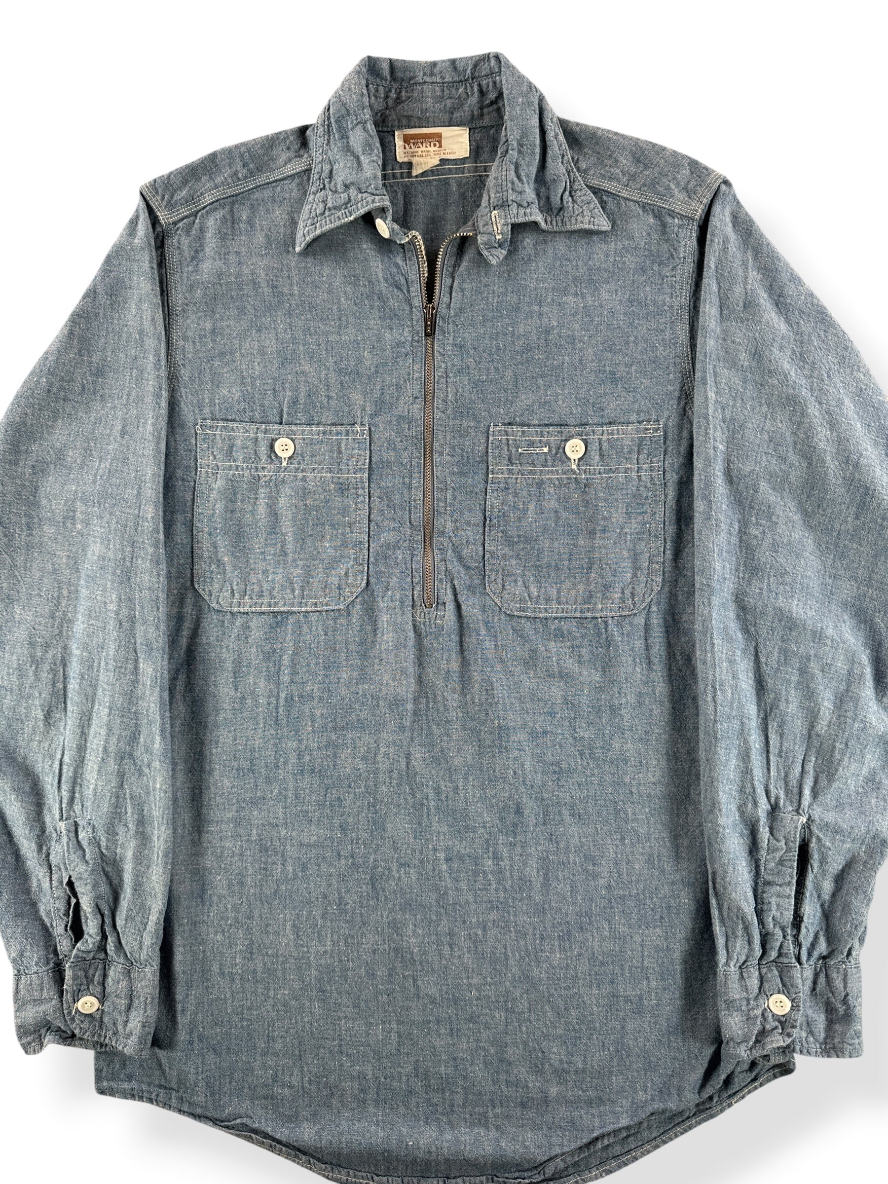 Front Close Up of Vintage Montgomery Ward Quarter Zip Chambray SZ S