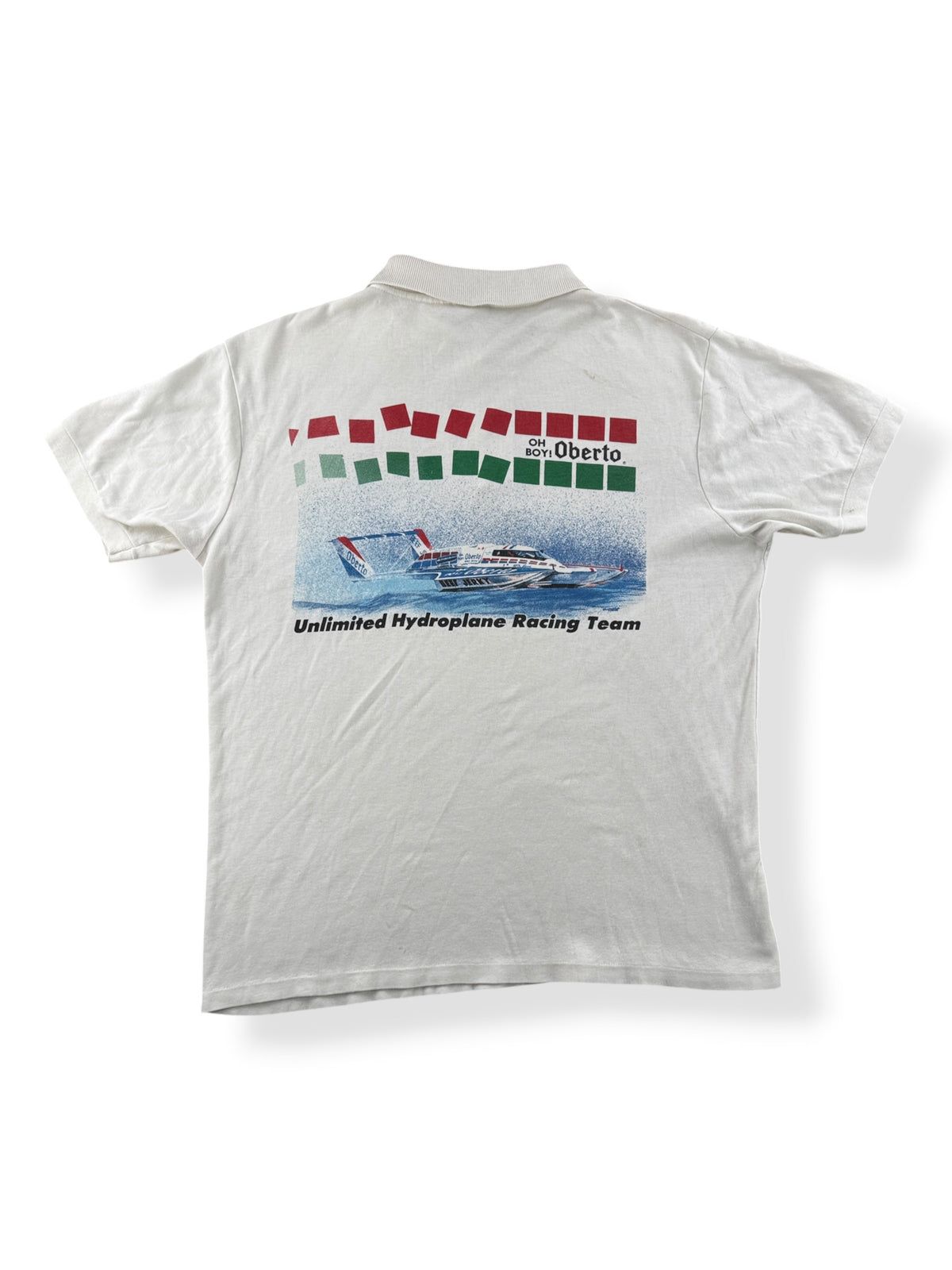 Back of Vintage Oh Boy! Oberto Hydroplane Racing Polo SZ L