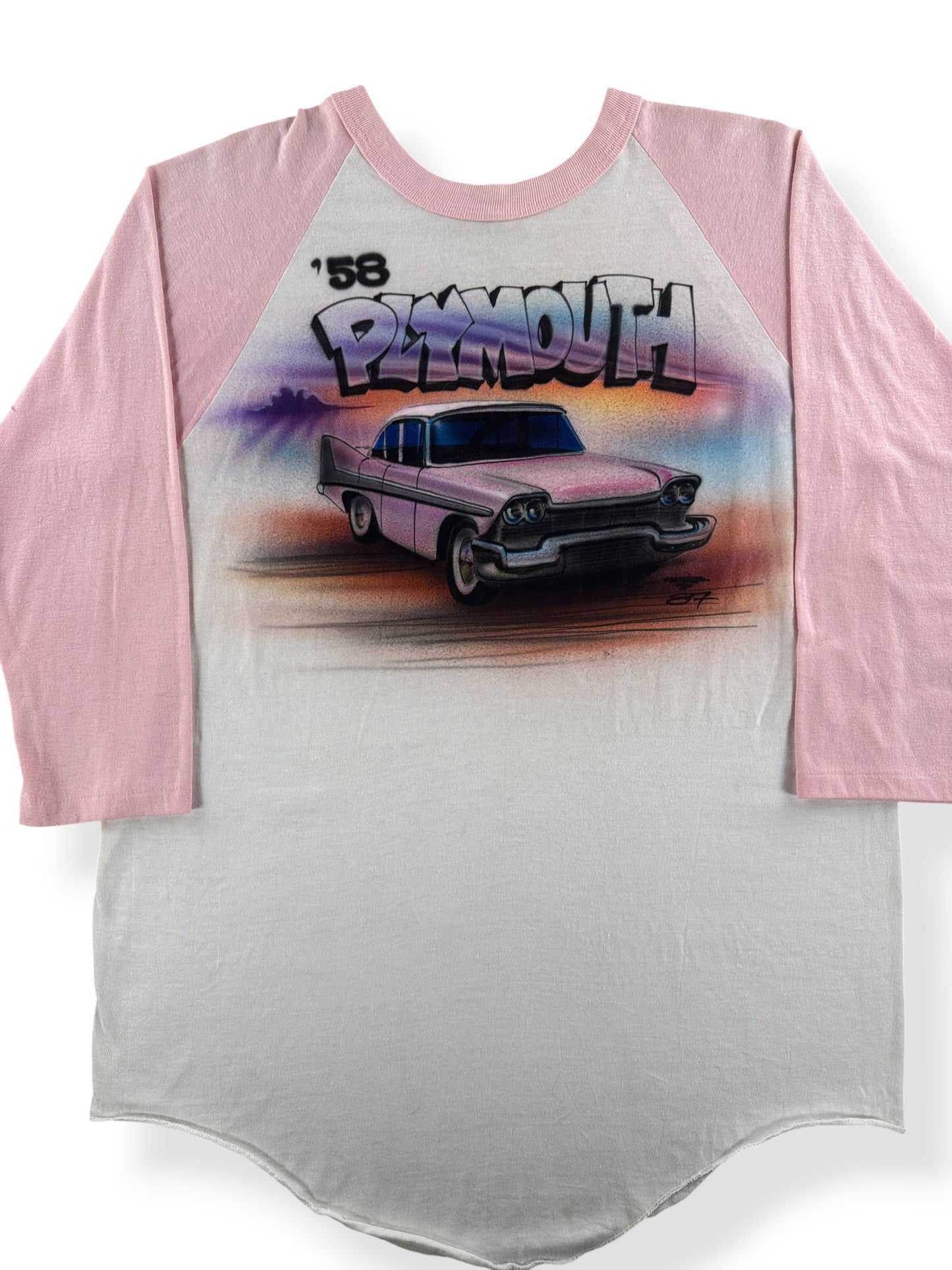 Close-up of Vintage '58 Plymouth Airbrushed Baseball Tee SZ L