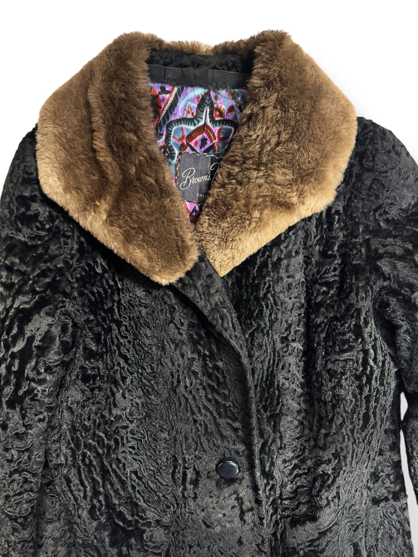 Collar view of 1940s Brown's Furs Curly Lamb MInk Fur Coat L