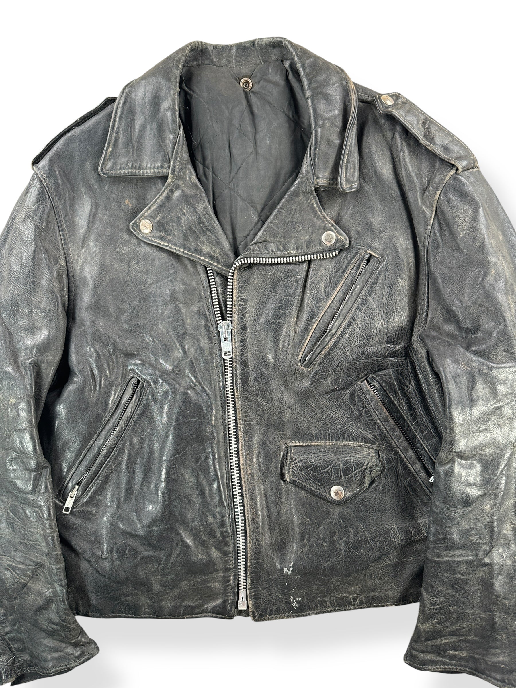 Front Close Up of Vintage 60s/70s Leather Jacket SZ M