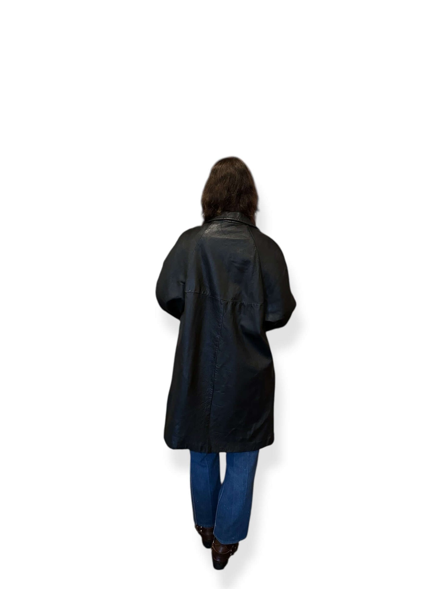 Back of Vintage 60s Black Leather Coat SZ M
