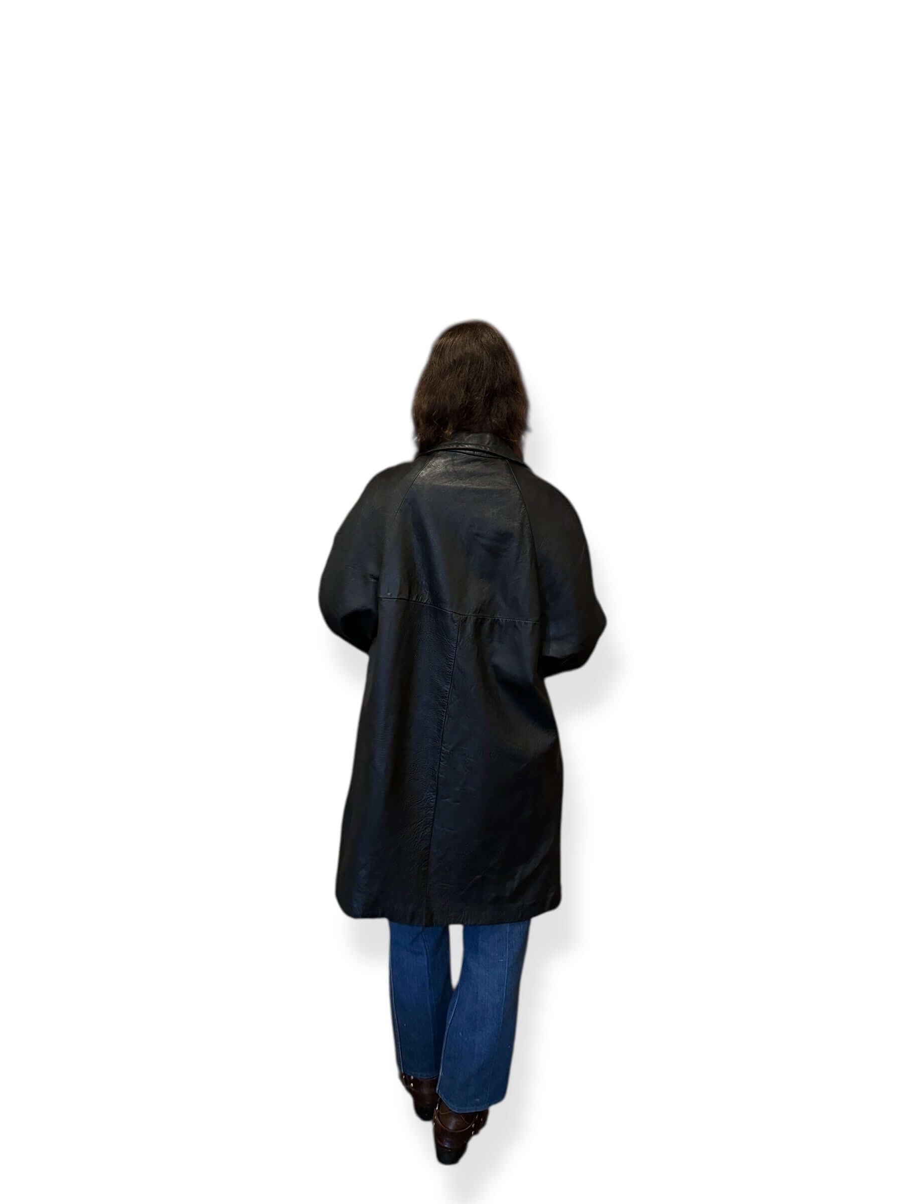 Back of Vintage 60s Black Leather Coat SZ M
