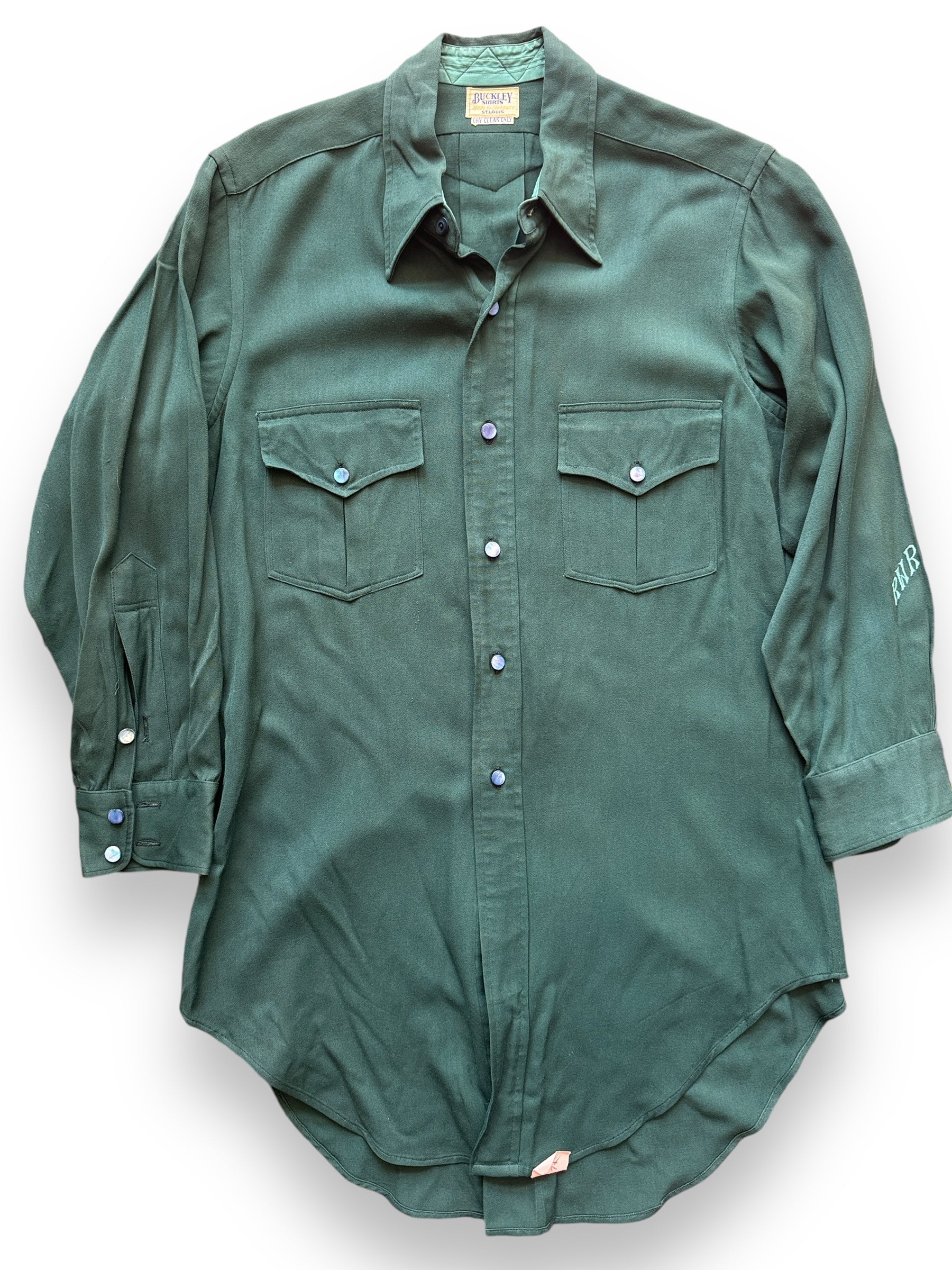 Front Detail on Vintage Buckley Shirts Green Gabardine Western Shirt SZ M