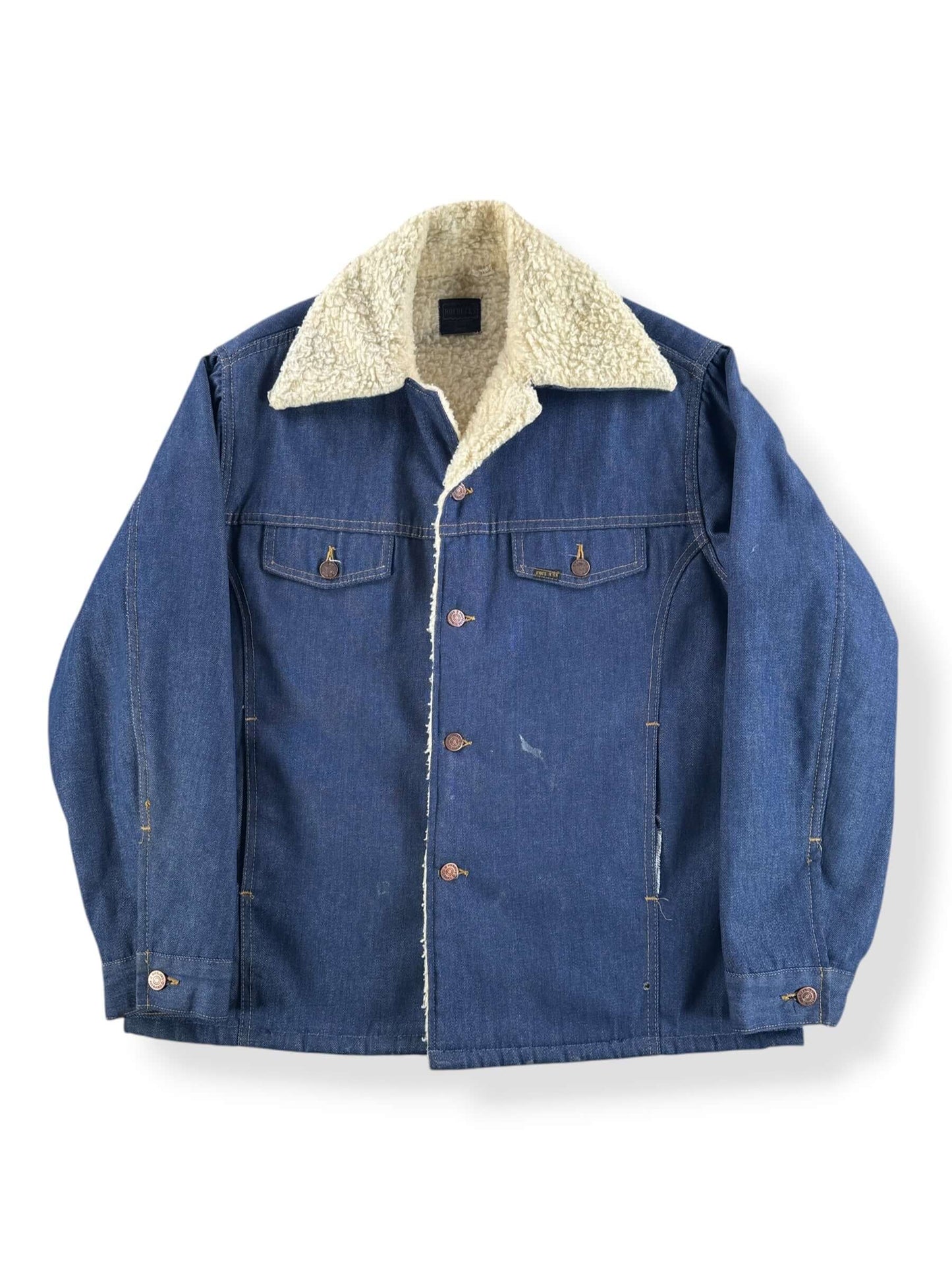 Front of Vintage Roebucks Raw Denim Shearling Jacket SZ 46