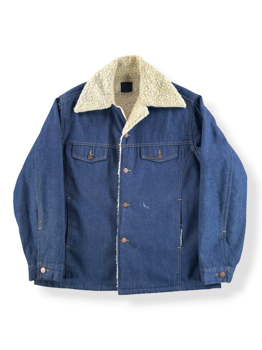 Front of Vintage Roebucks Raw Denim Shearling Jacket SZ 46