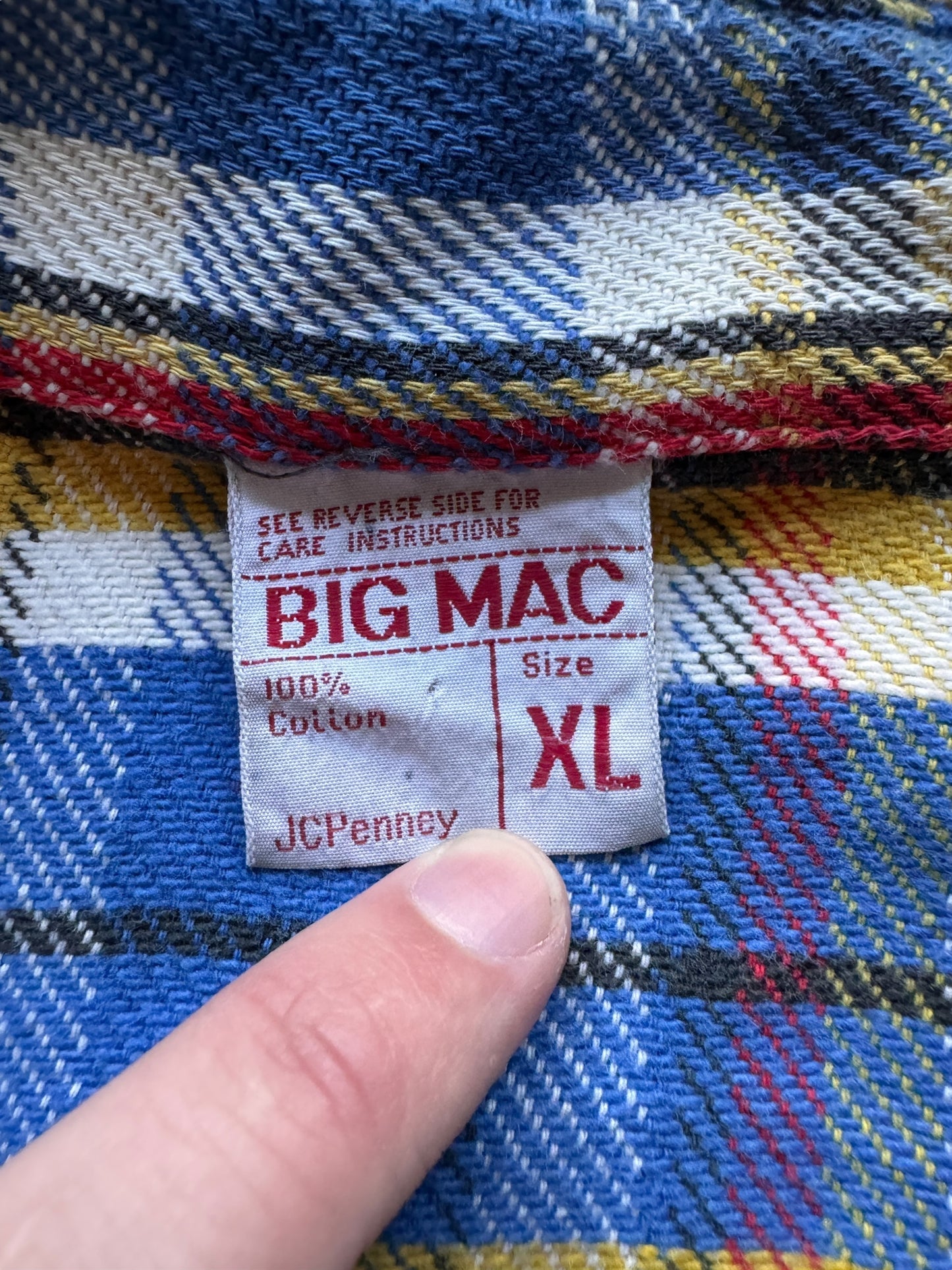 tag on Vintage Big Mac Blue/Red/Yellow Short Sleeve Cotton Flannel SZ XL