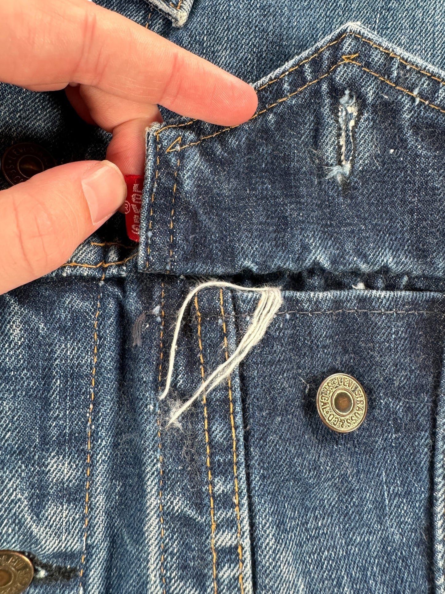 Underside of Pocket on Vintage Distressed Levis 2 Pocket Trucker Jacket SZ XS
