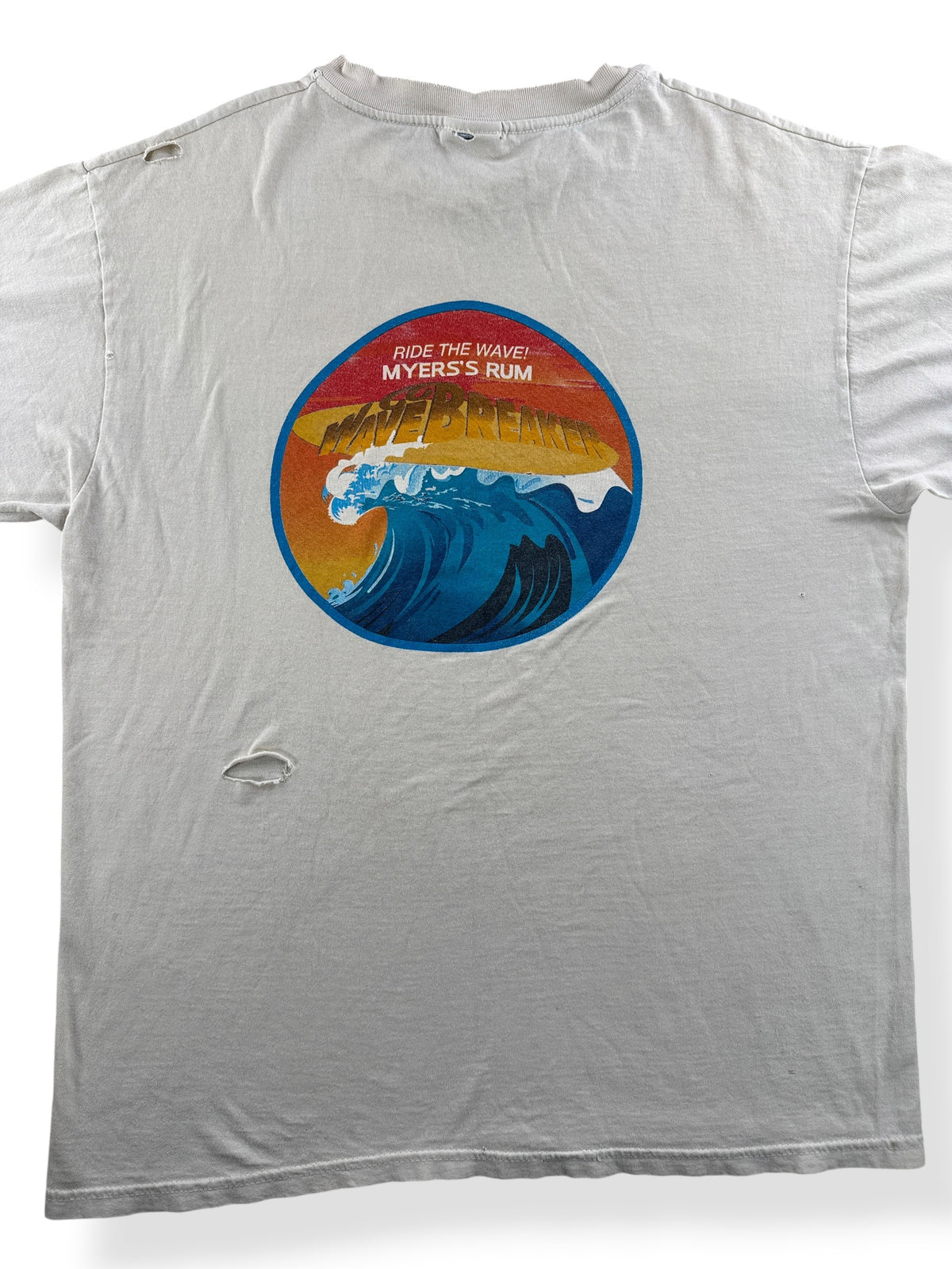 Close-up of back of Vintage Distressed Myer's Rum Tee SZ L
