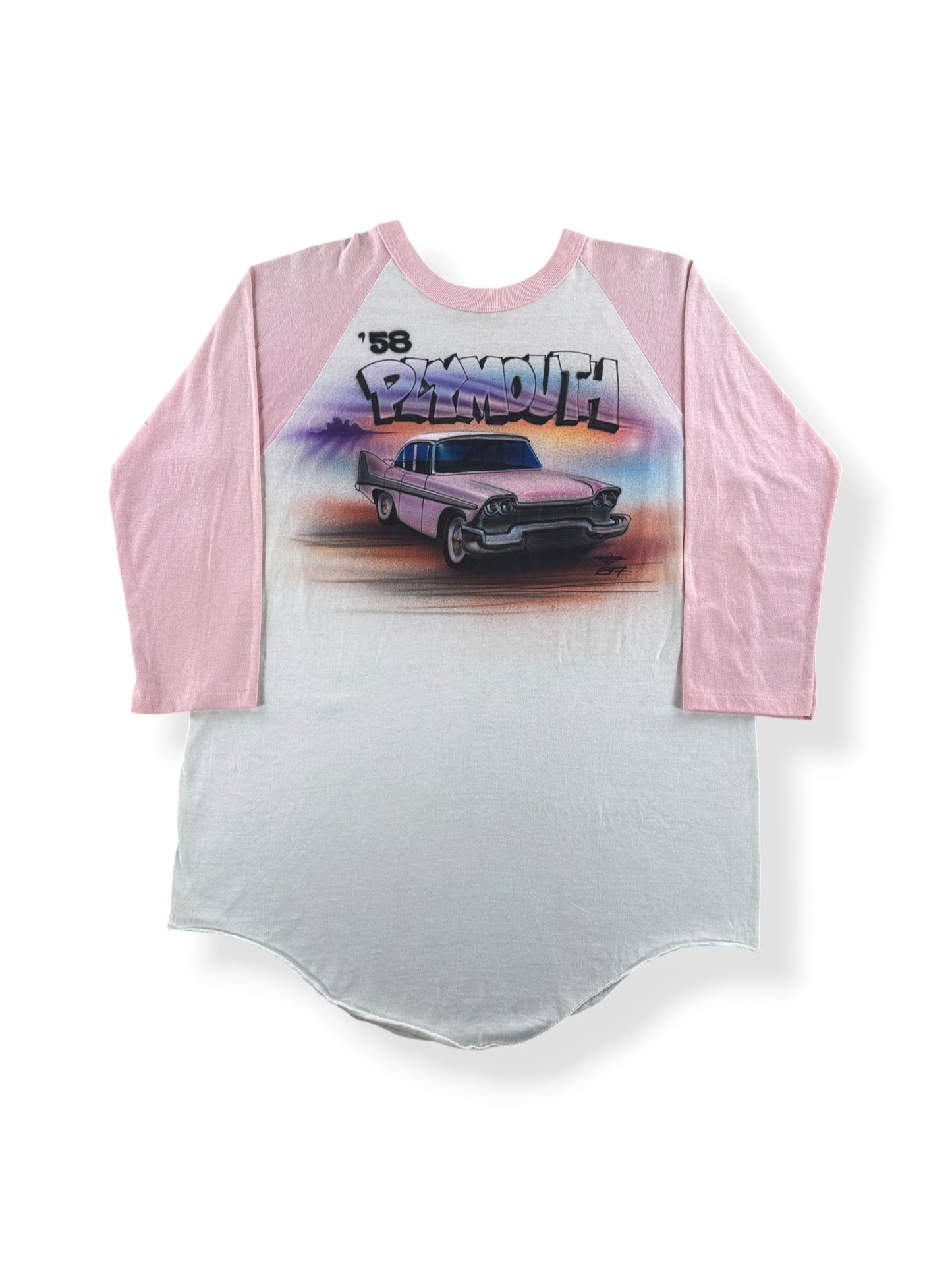 Front of Vintage '58 Plymouth Airbrushed Baseball Tee SZ L