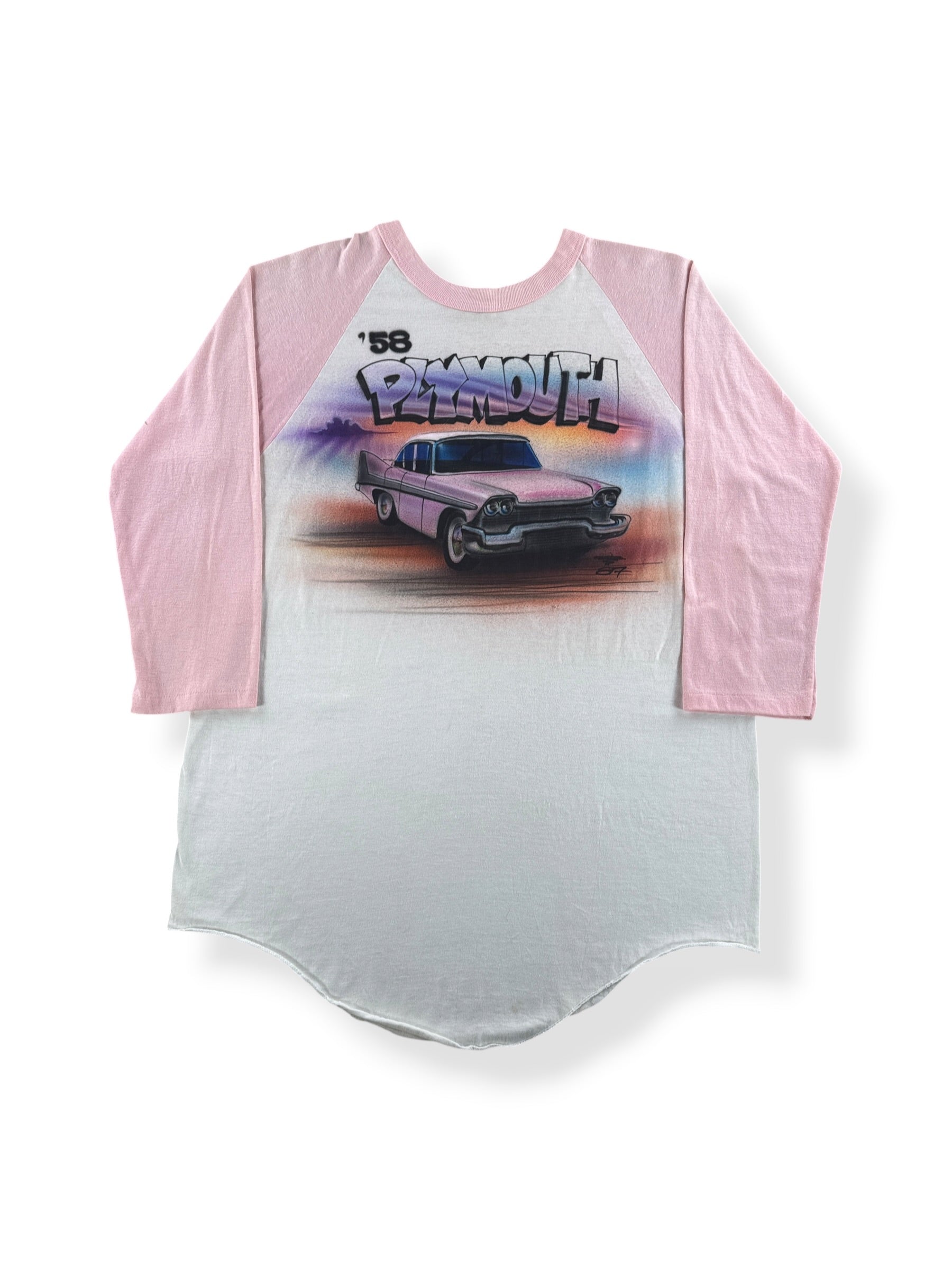Front of Vintage '58 Plymouth Airbrushed Baseball Tee SZ L