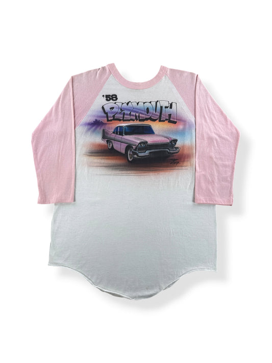 Front of Vintage '58 Plymouth Airbrushed Baseball Tee SZ L