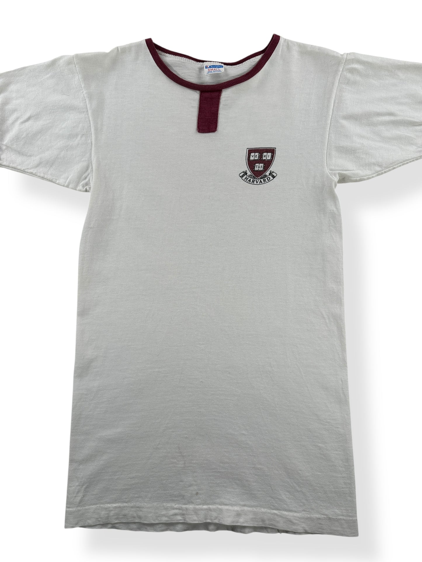 Front Close Up of Vintage Champion Blue Bar Harvard Ringer Tee SZ XS