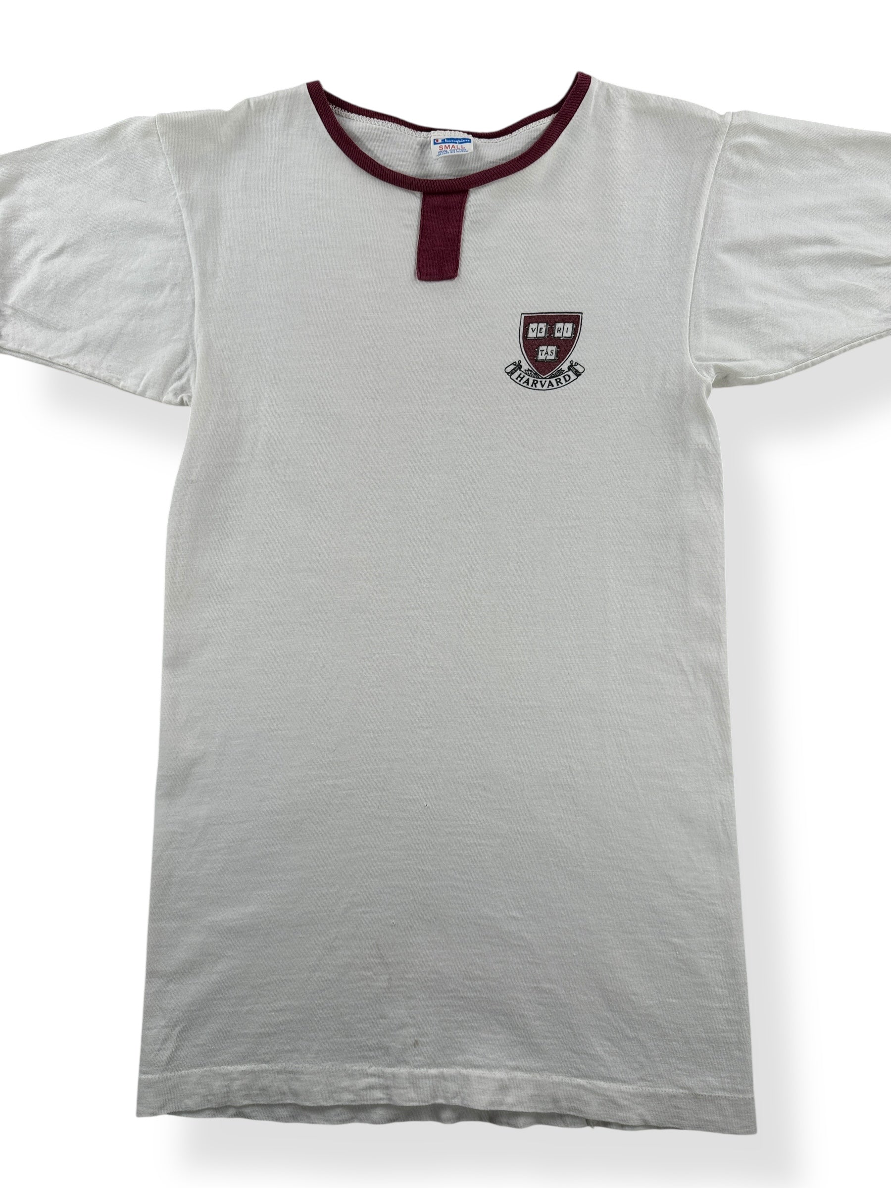 Front Close Up of Vintage Champion Blue Bar Harvard Ringer Tee SZ XS