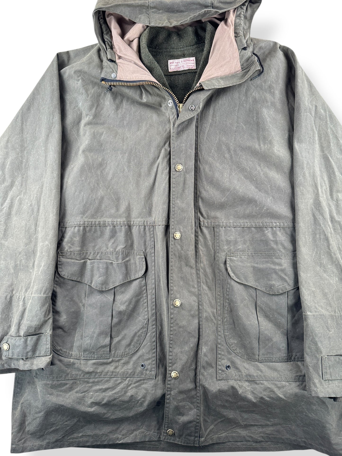 Front Close Up of Vintage Filson All Season Rain Coat SZ XXL