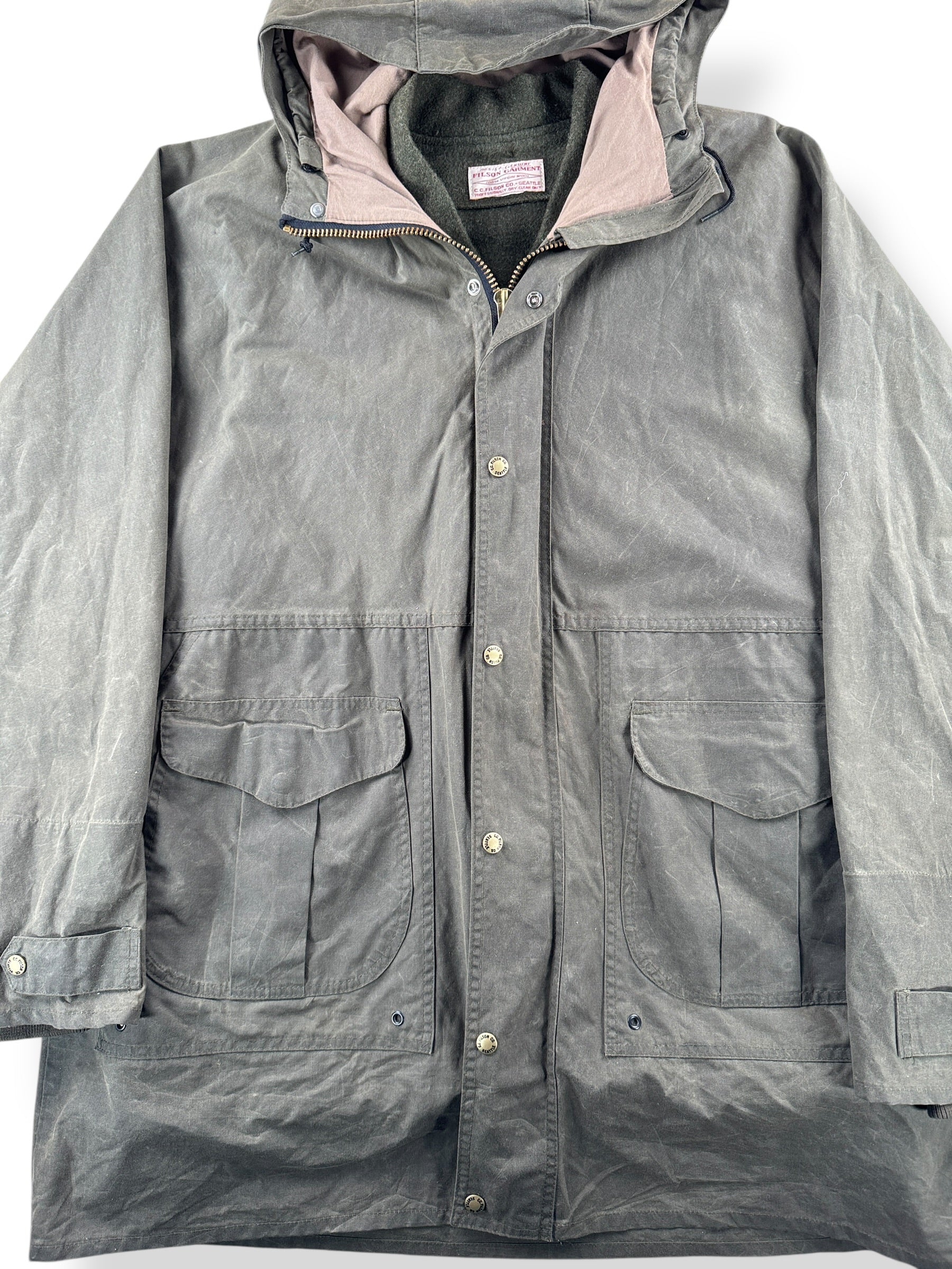 Front Close Up of Vintage Filson All Season Rain Coat SZ XXL