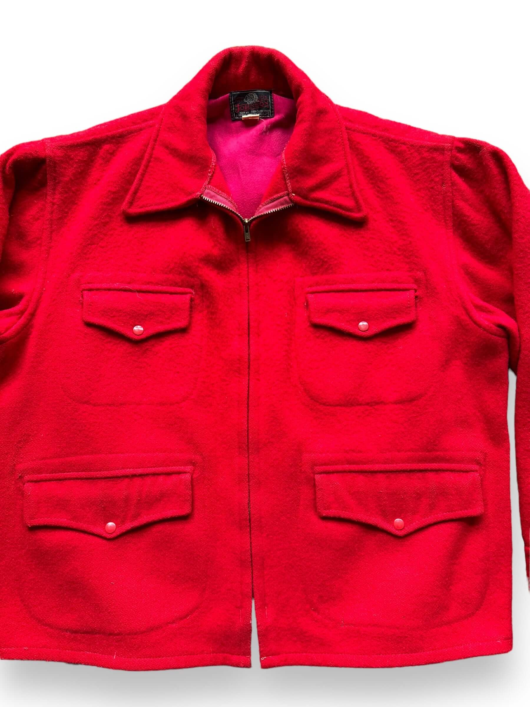 front close up of Vintage Johnson Woolen Mills Red Wool Jacket SZ 46