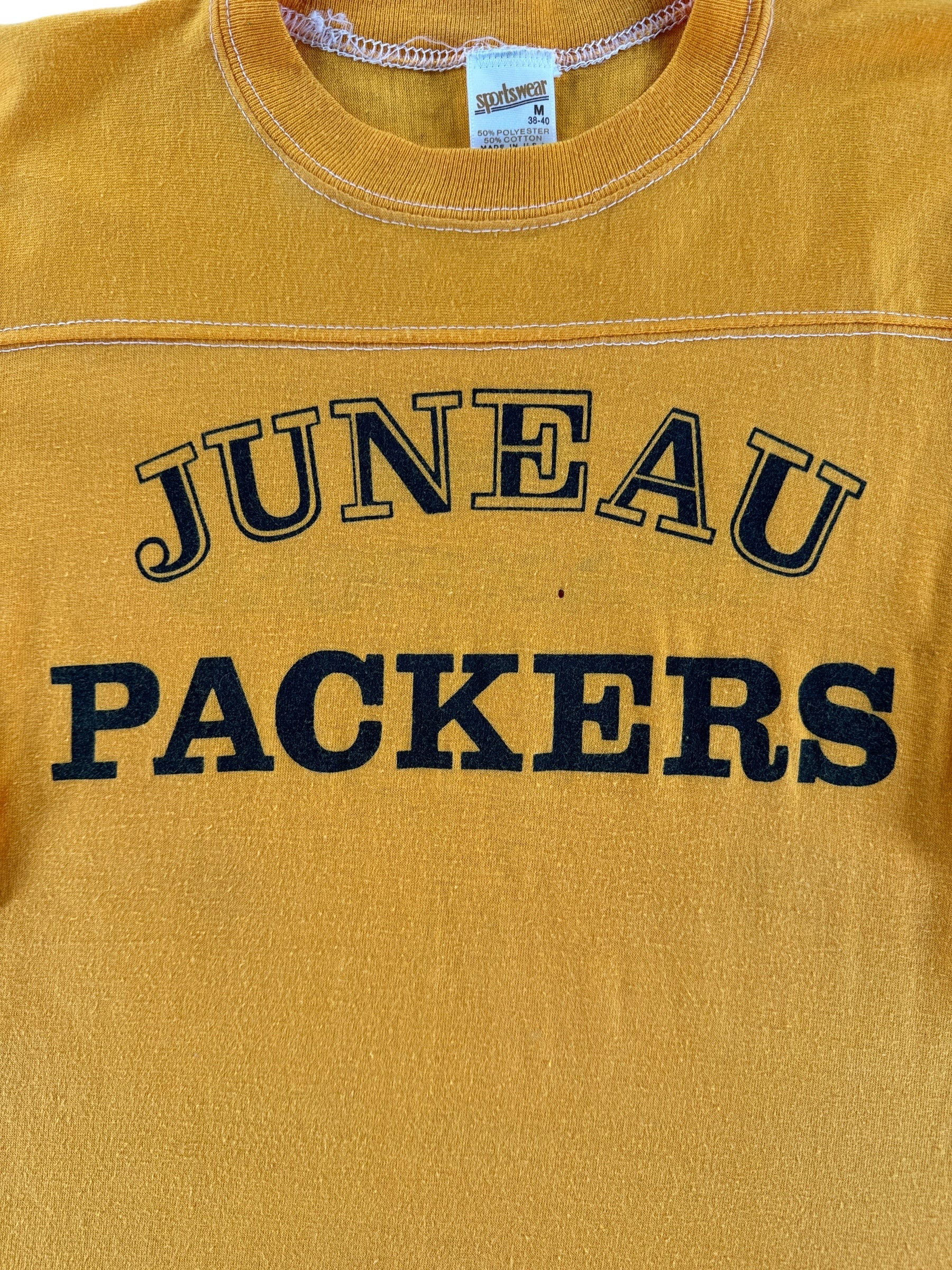 Front Graphic of Vintage Juneau Packers Yellow Jersey SZ S