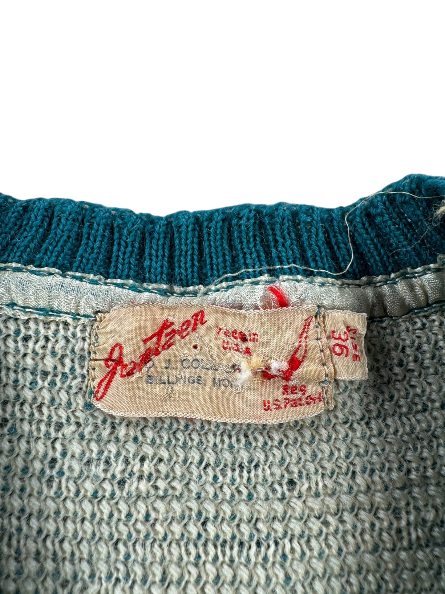 Tag on Vintage 1940s Jantzen Let 'Em Buck Sweater SZ XS