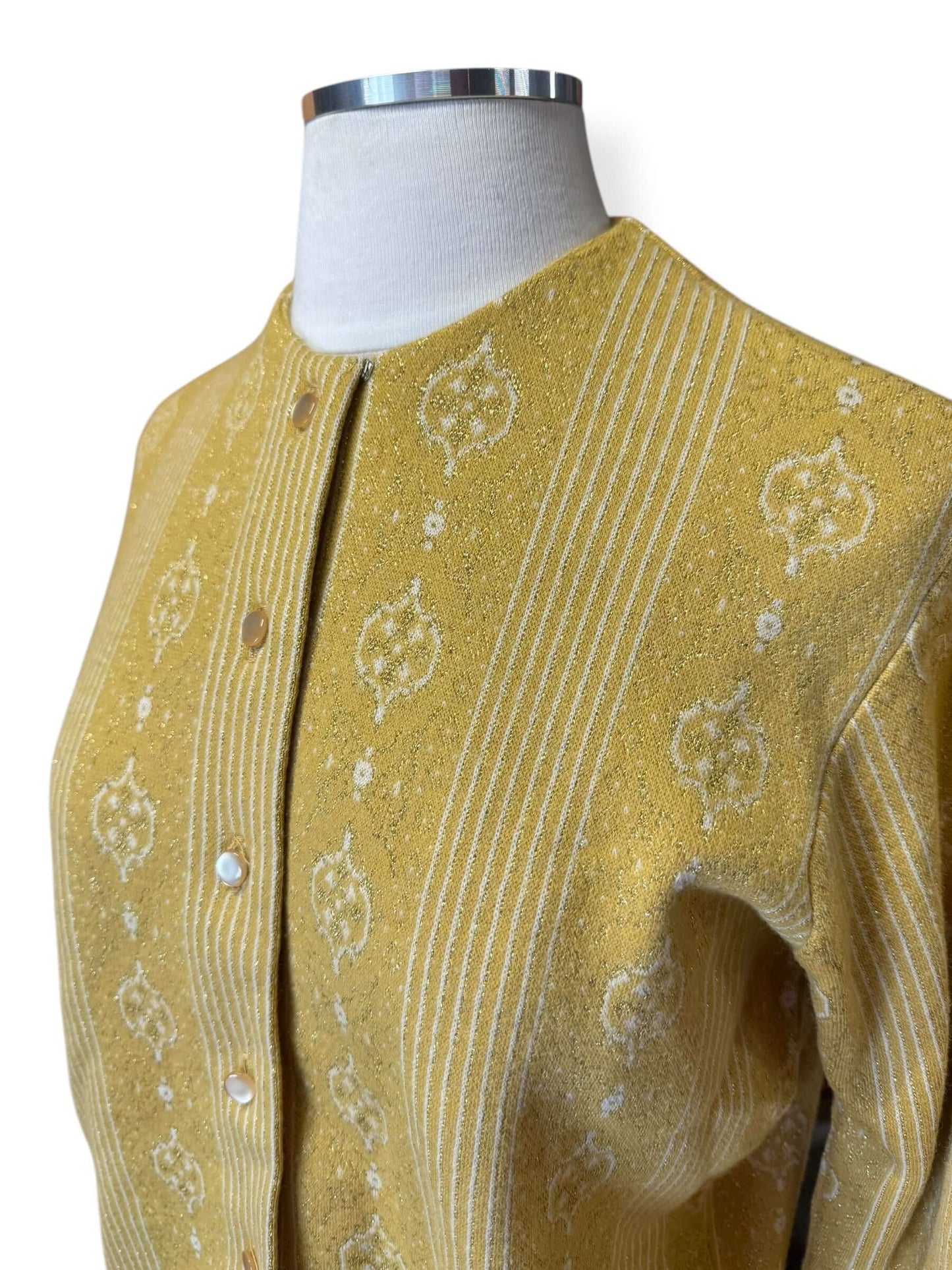 Side view of 1960s Gold Lurex Jantzen Cardigan L