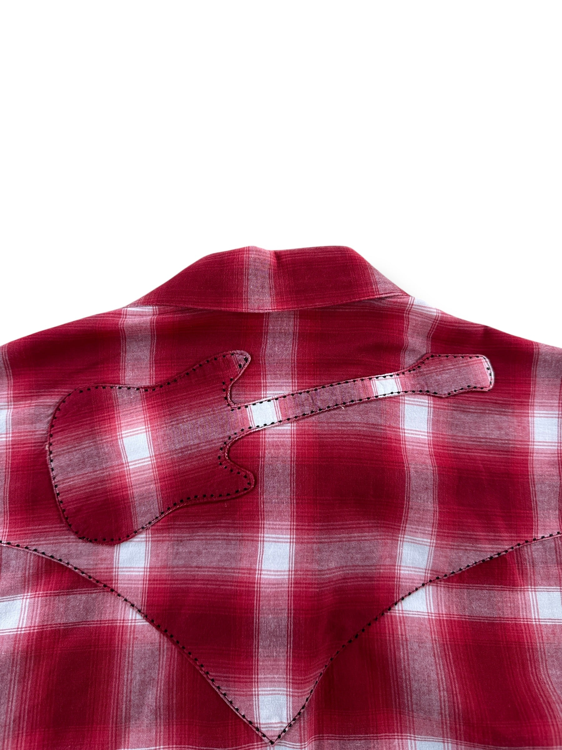 Guitar Patch on Vintage Rockmount Western Wear Red Shadow Plaid Guitar Pearl Snap SZ M
