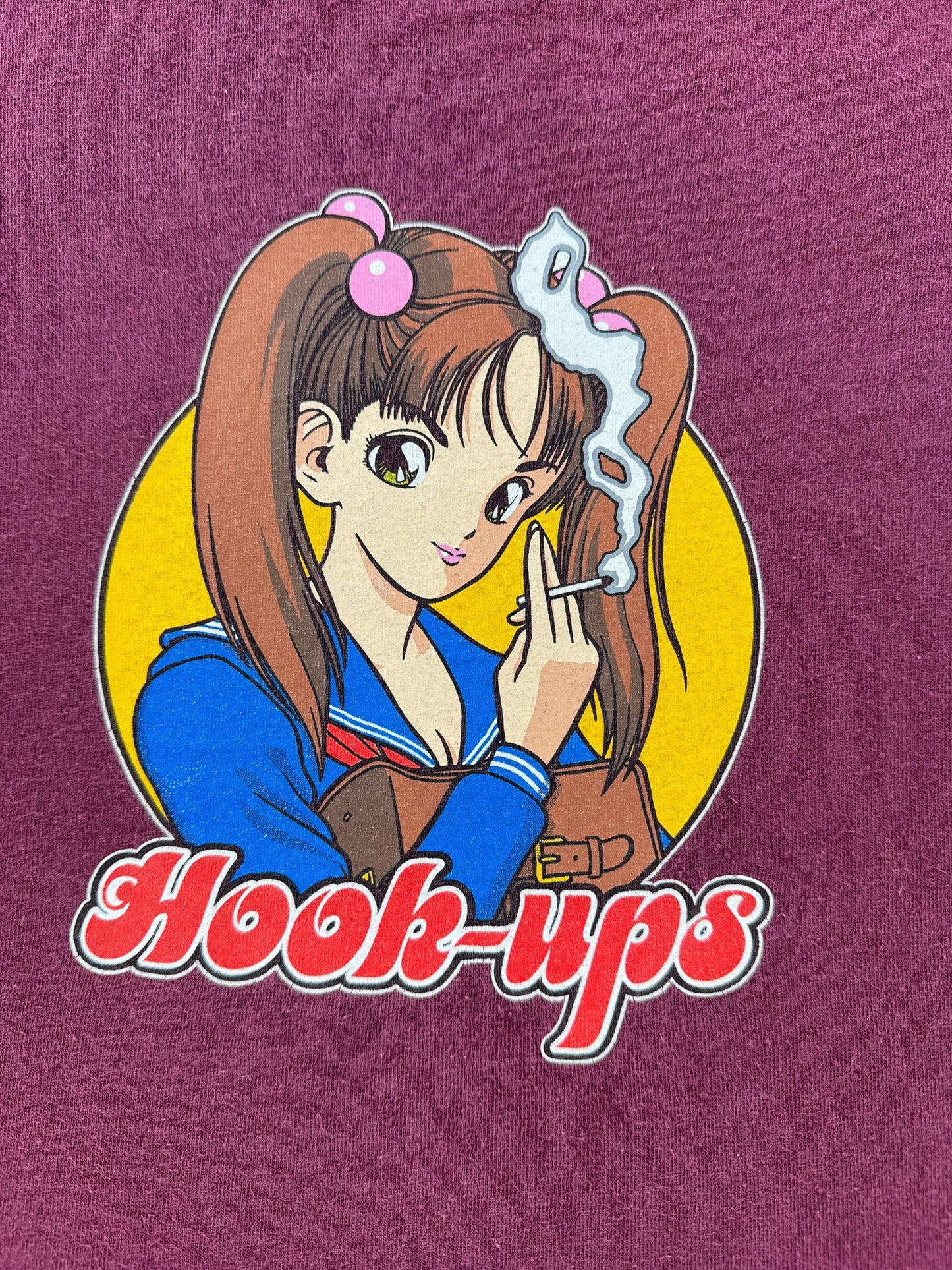 Graphic of Vintage Hook Ups Burgundy Smoking Girl Tee SZ L