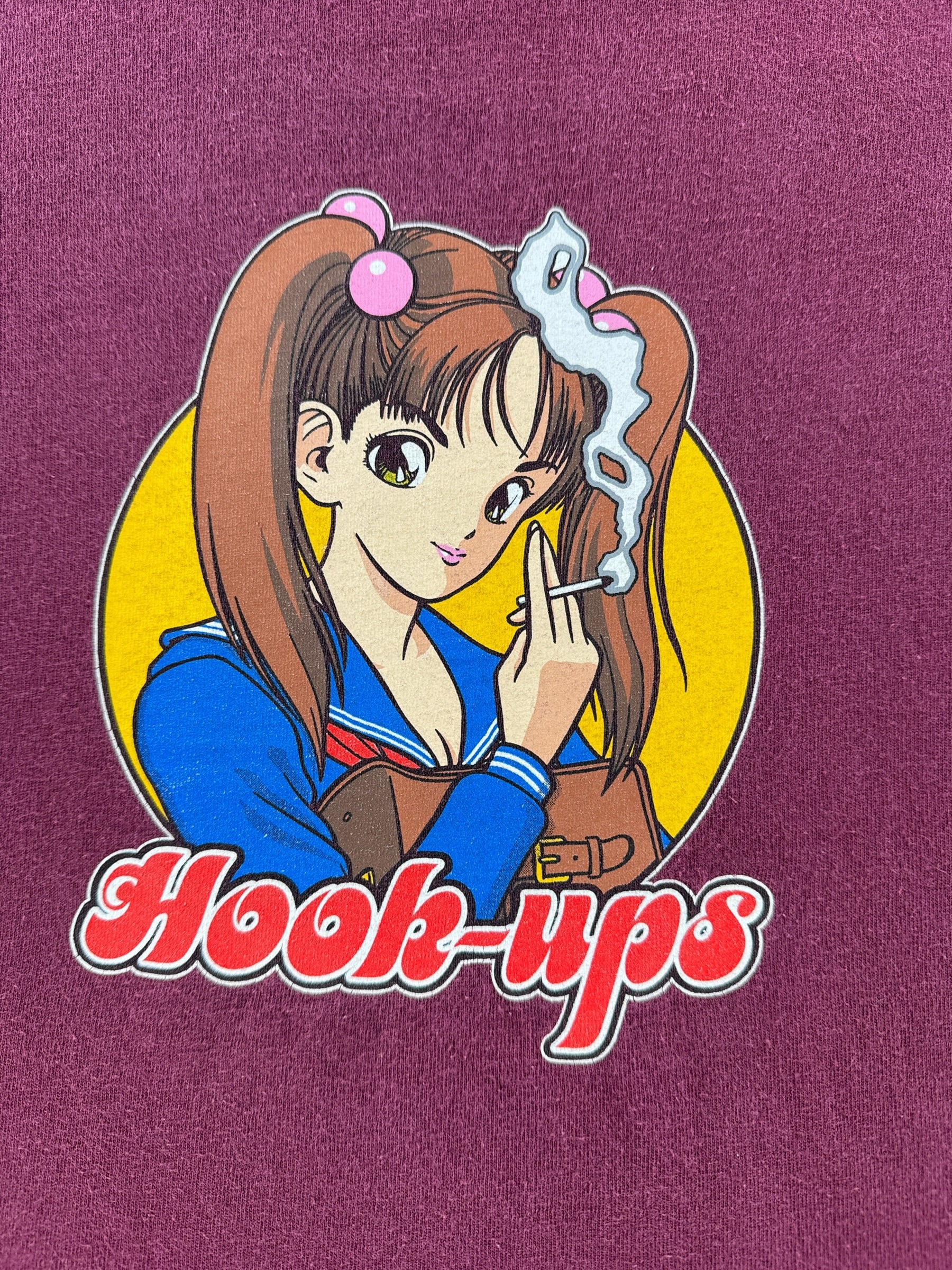 Graphic of Vintage Hook Ups Burgundy Smoking Girl Tee SZ L