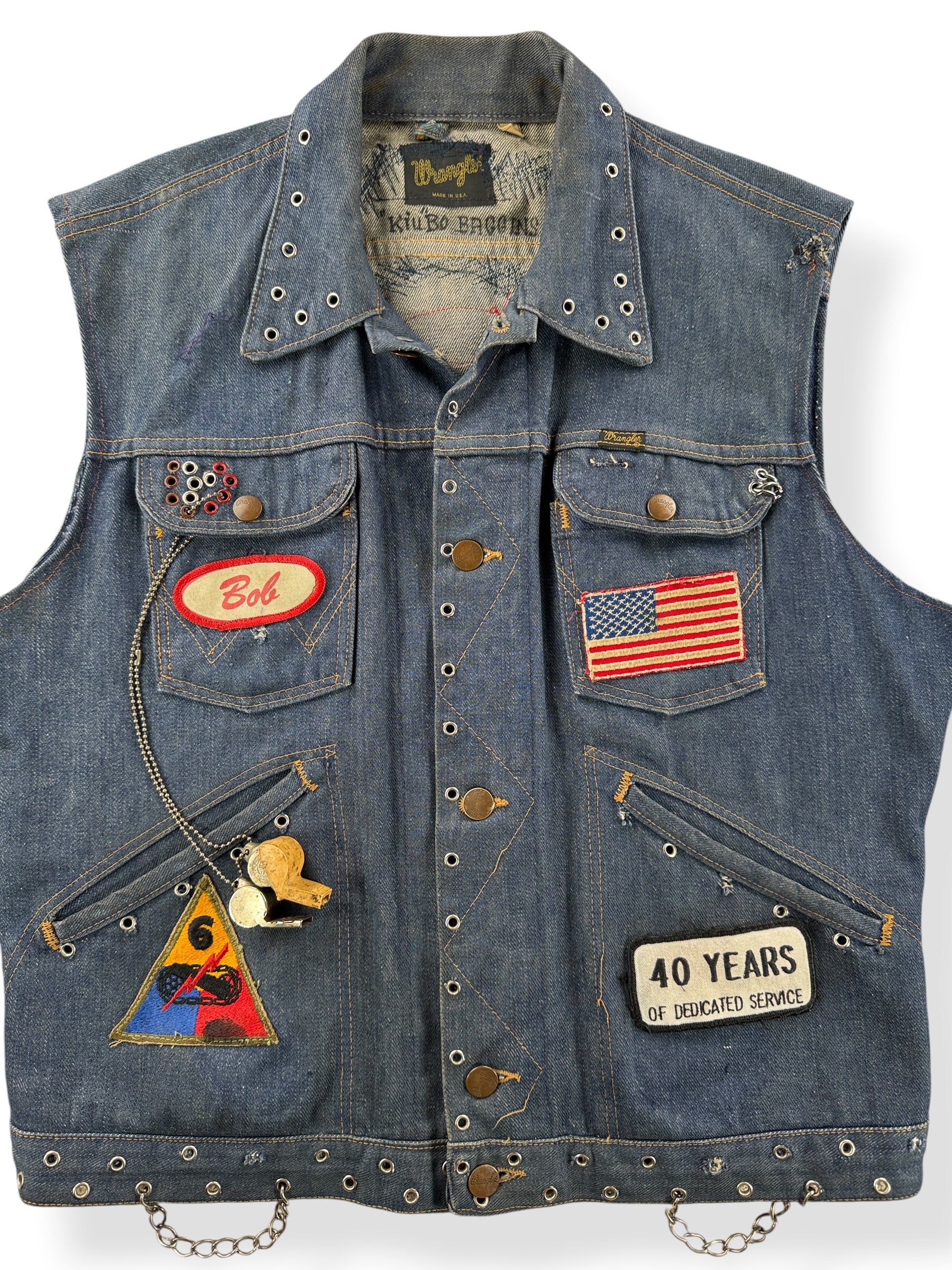 Close-up of Vintage 60s Dark Wash Wrangler Biker Vest SZ 40