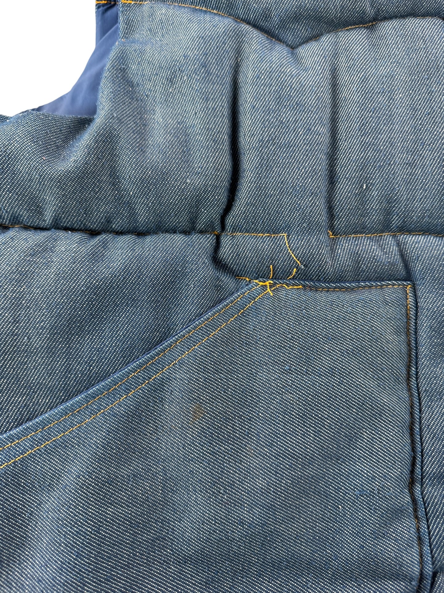 Undone Threads on Vintage Denim Puffer Vest SZ L