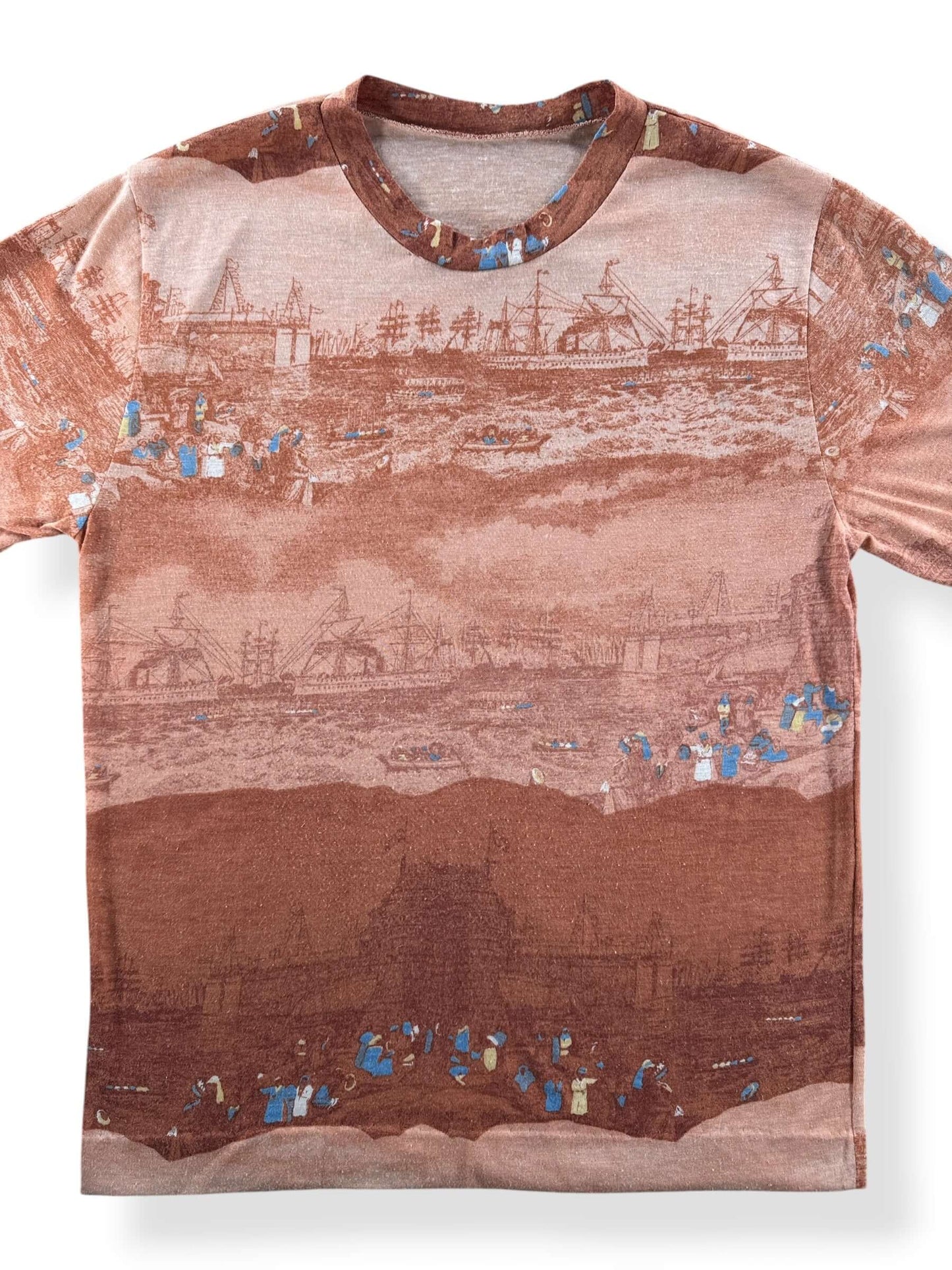 Front Close Up of Vintage 70s AOP Ship Tee SZ M