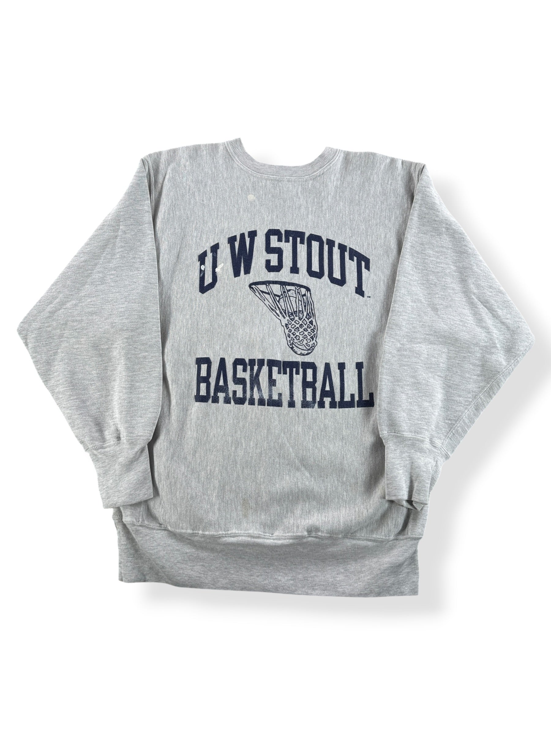 Front of Vintage Champion University of Wisconsin Stout Basketball Reverse Weave Crewneck SZ XL (Fits M)