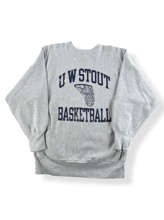 Front of Vintage Champion University of Wisconsin Stout Basketball Reverse Weave Crewneck SZ XL (Fits M)
