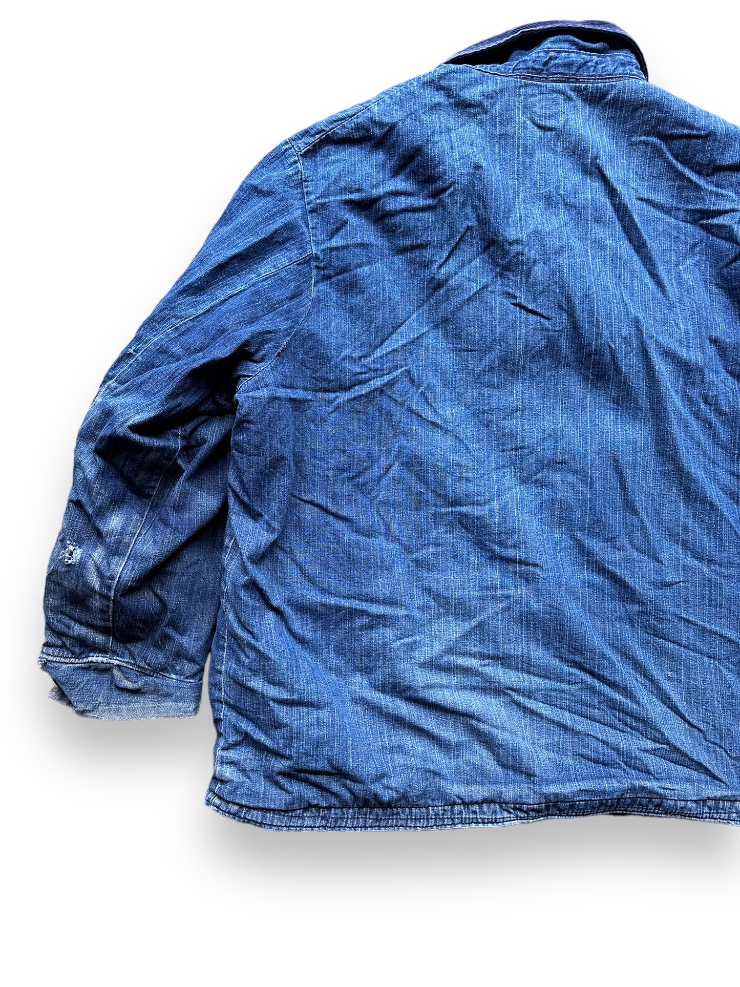 Rear Left Side View of Vintage Blanket Lined Wrangler Blue Bell Chore Coat SZ 50 | Vintage Denim Jacket Seattle | Seattle Vintage Clothing